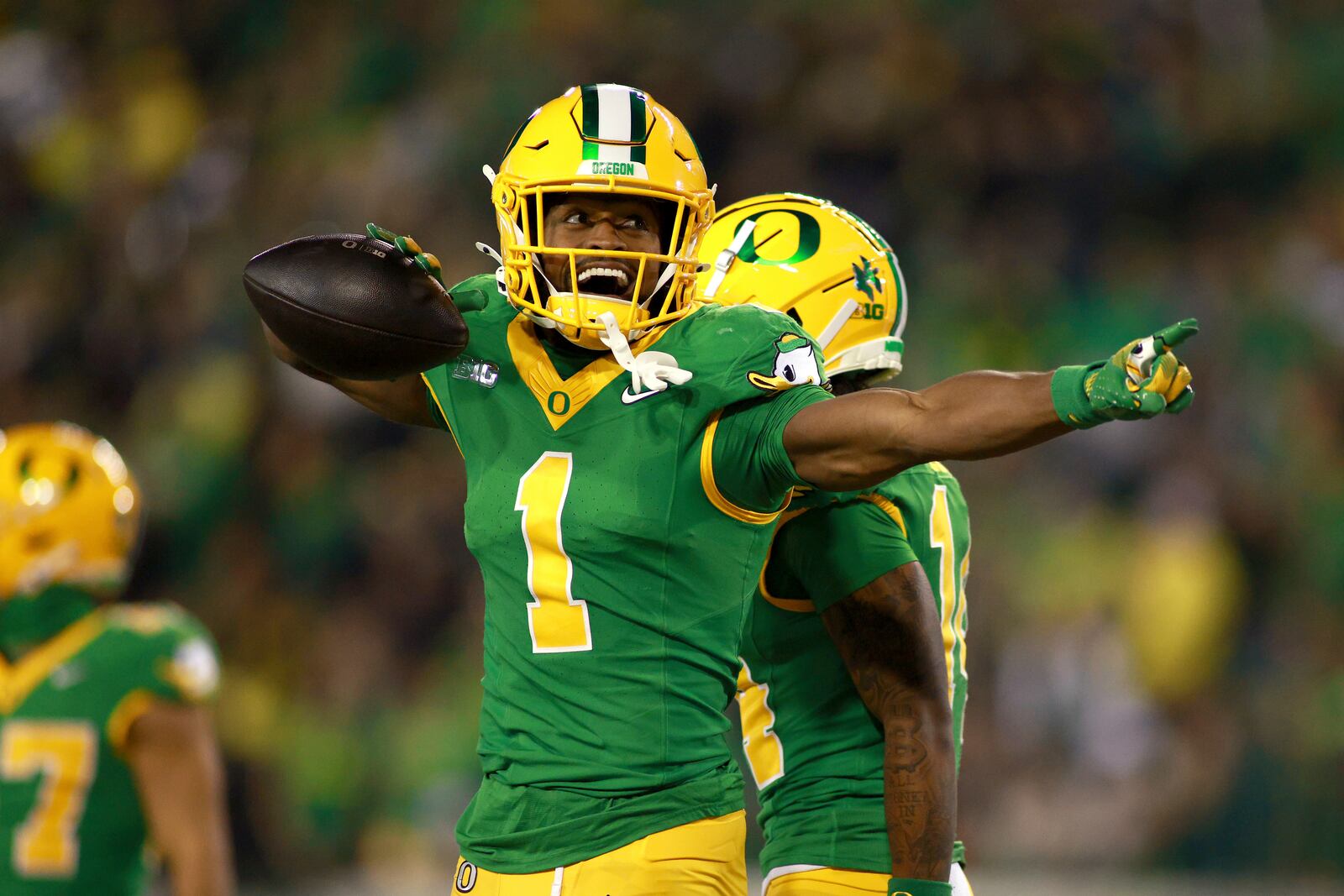 Oregon wide receiver Traeshon Holden reacts to a play during an NCAA college football game, Saturday, Nov. 9, 2024, in Eugene, Ore. (AP Photo/Lydia Ely)