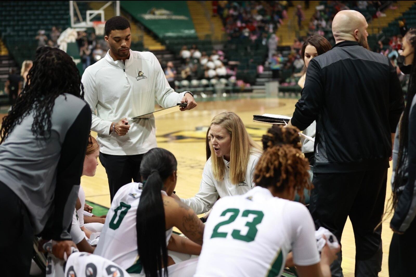 First-year Wright State women's basketball coach Kari Hoffman talks to her team during Wednesday's game vs. Lake Erie College at the Nutter Center. Aaron Horn/ Wright State Athletics