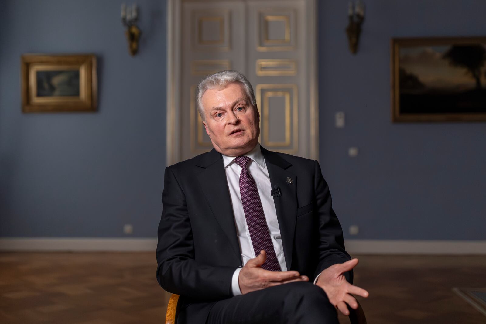 Lithuanian President Gitanas Nauseda speaks during an interview with The Associated Press at the President's palace in Vilnius, Lithuania, Thursday, Jan. 30, 2025. (AP Photo/Mindaugas Kulbis)