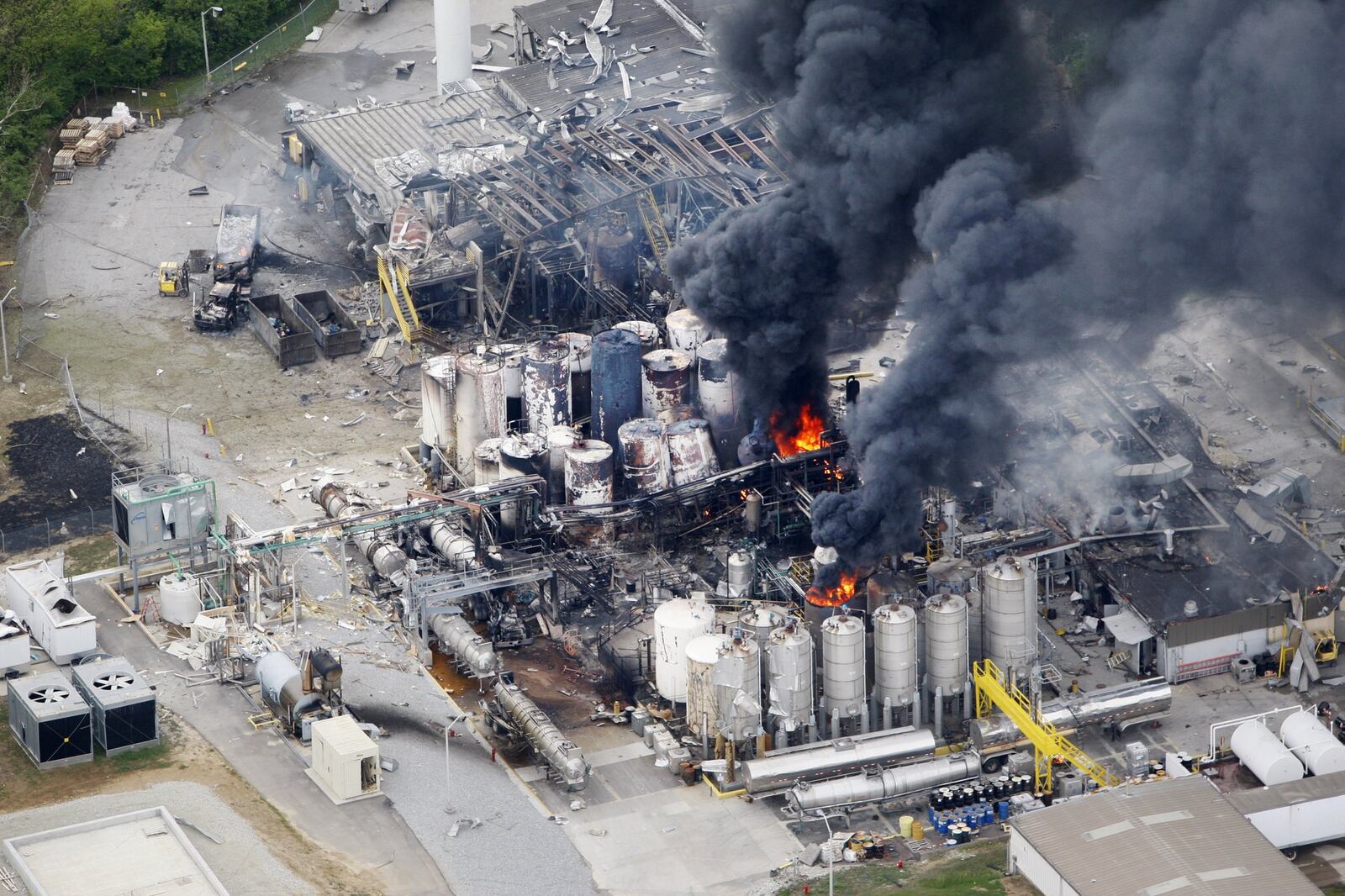 An overnight explosion and fire at the Veolia Environmental Services plant in West Carrollton on May 4, 2009, was still burning the next day. The explosion damaged a major portion of the plant.