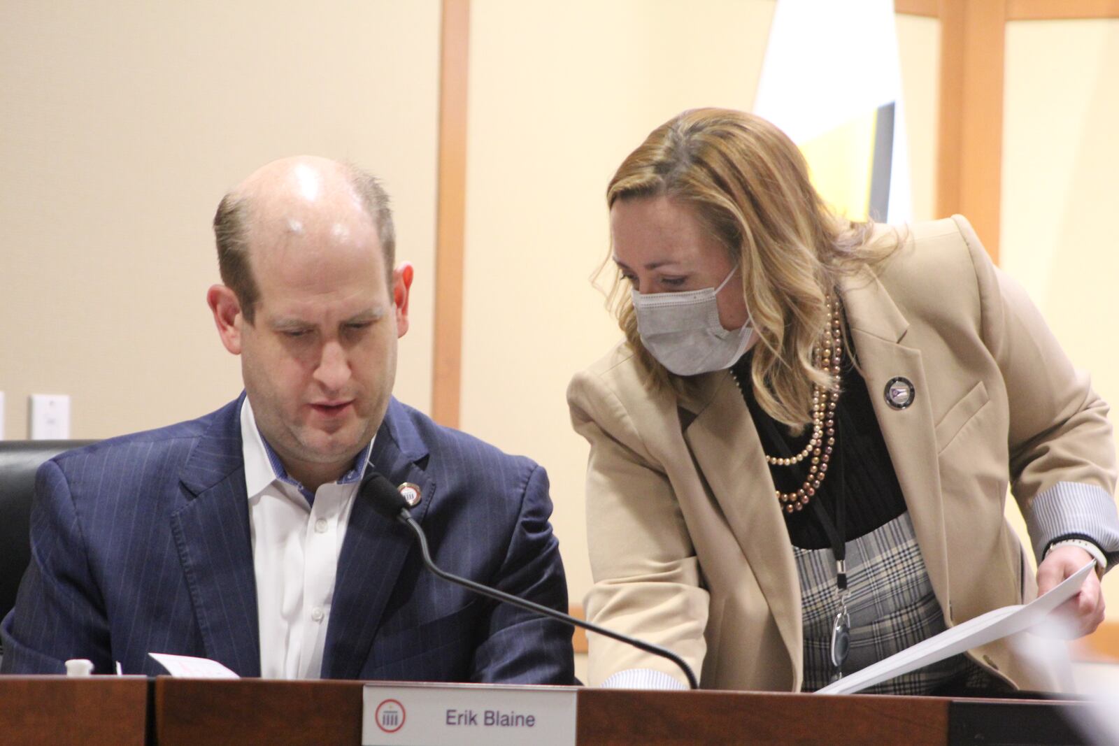 Montgomery County Board of Elections Deputy Director Sarah W. Greathouse speaks to board member Erik Blaine. CORNELIUS FROLIK / STAFF