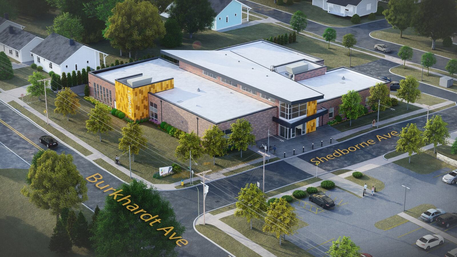 This rendering shows the exterior of Dayton Metro Library's Burkhardt Branch. LEVIN PORTER ASSOCIATES