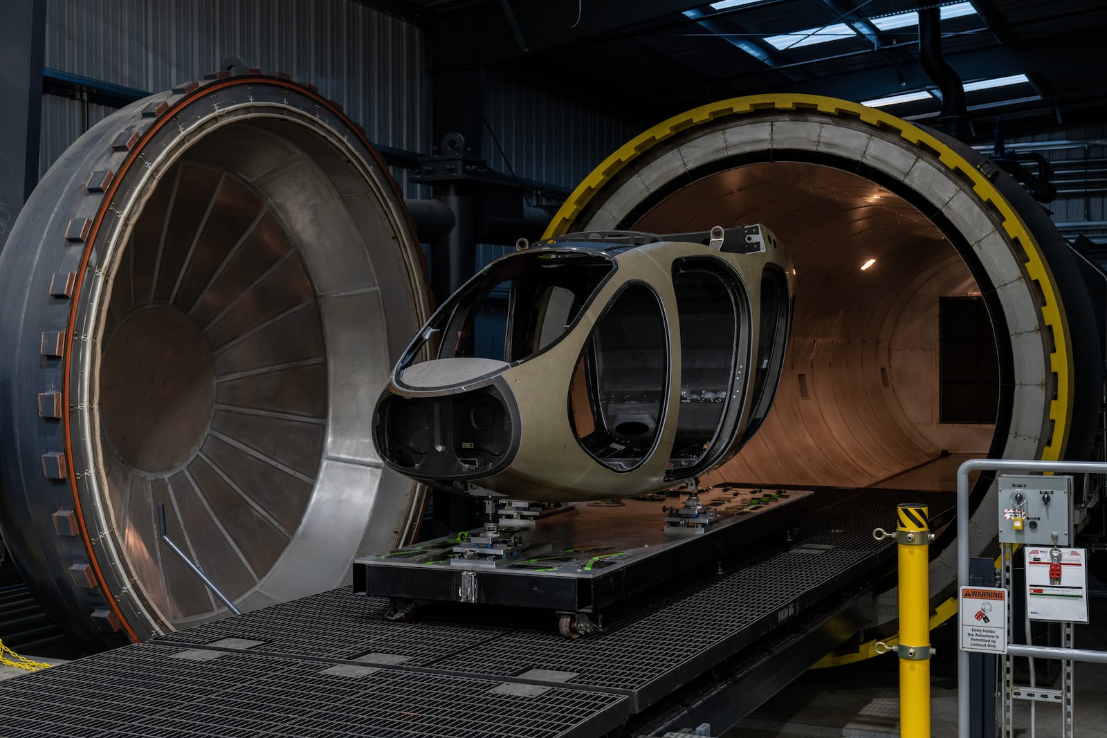 A Joby Aviation Inc. aircraft fuselage within an autoclave at the company's California facility. Contributed.