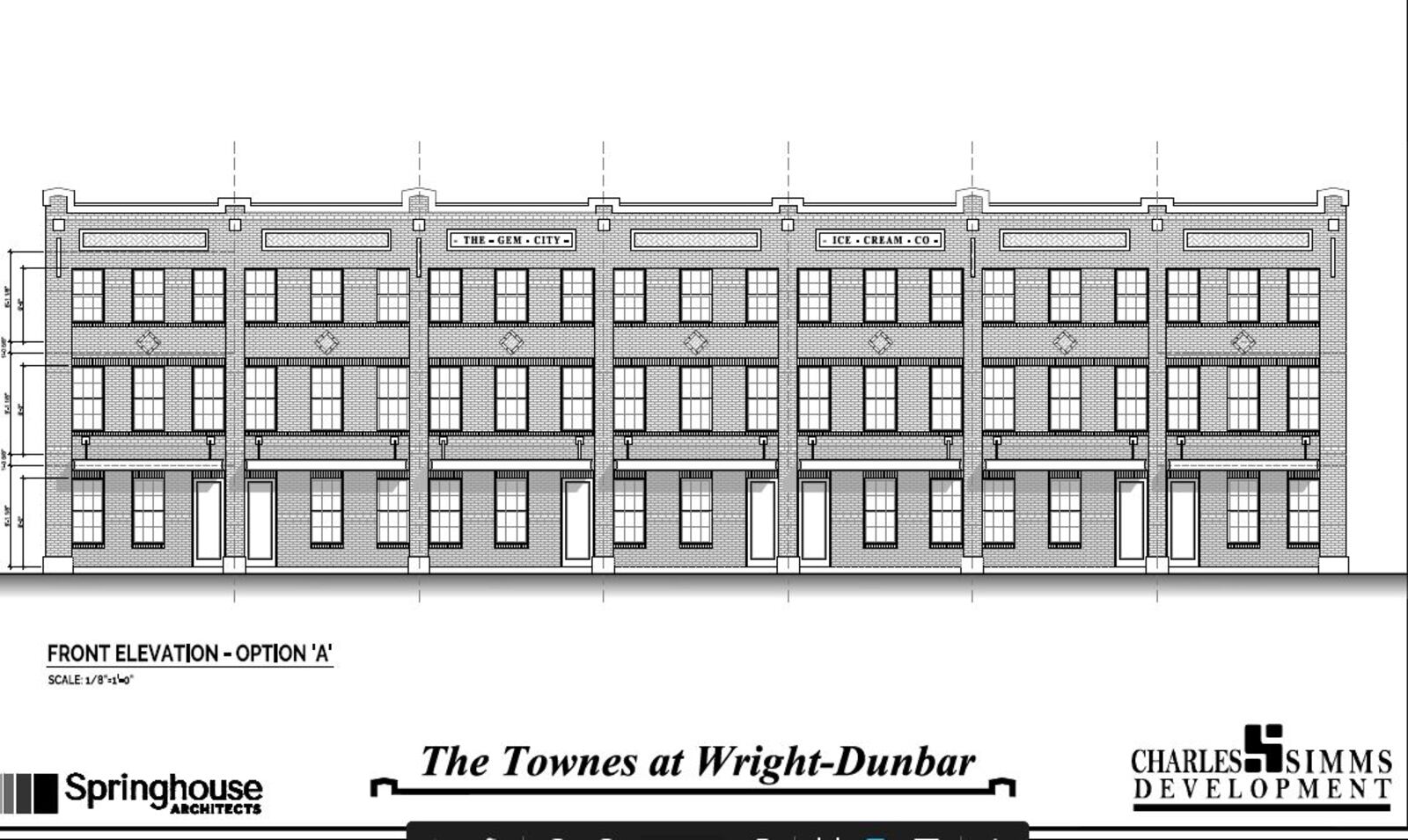 A concept rendering of new townhomes proposed for the Wright Dunbar neighborhood. CONTRIBUTED