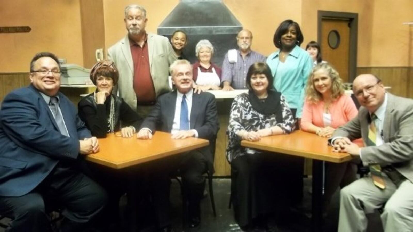 Standing left to right: Saul Caplan, Marcus Simmons, Terry Larson, Dave Nickel, Gail Turner, Mary Mykytka Sitting left to right: Steve Kantor, Patty Bell, John Spitler, Debra Kent, Debra Strauss, K.L. Storer in the Dayton Theatre Guild’s 2013 local premiere of “45 Seconds From Broadway” (Contributed photo)