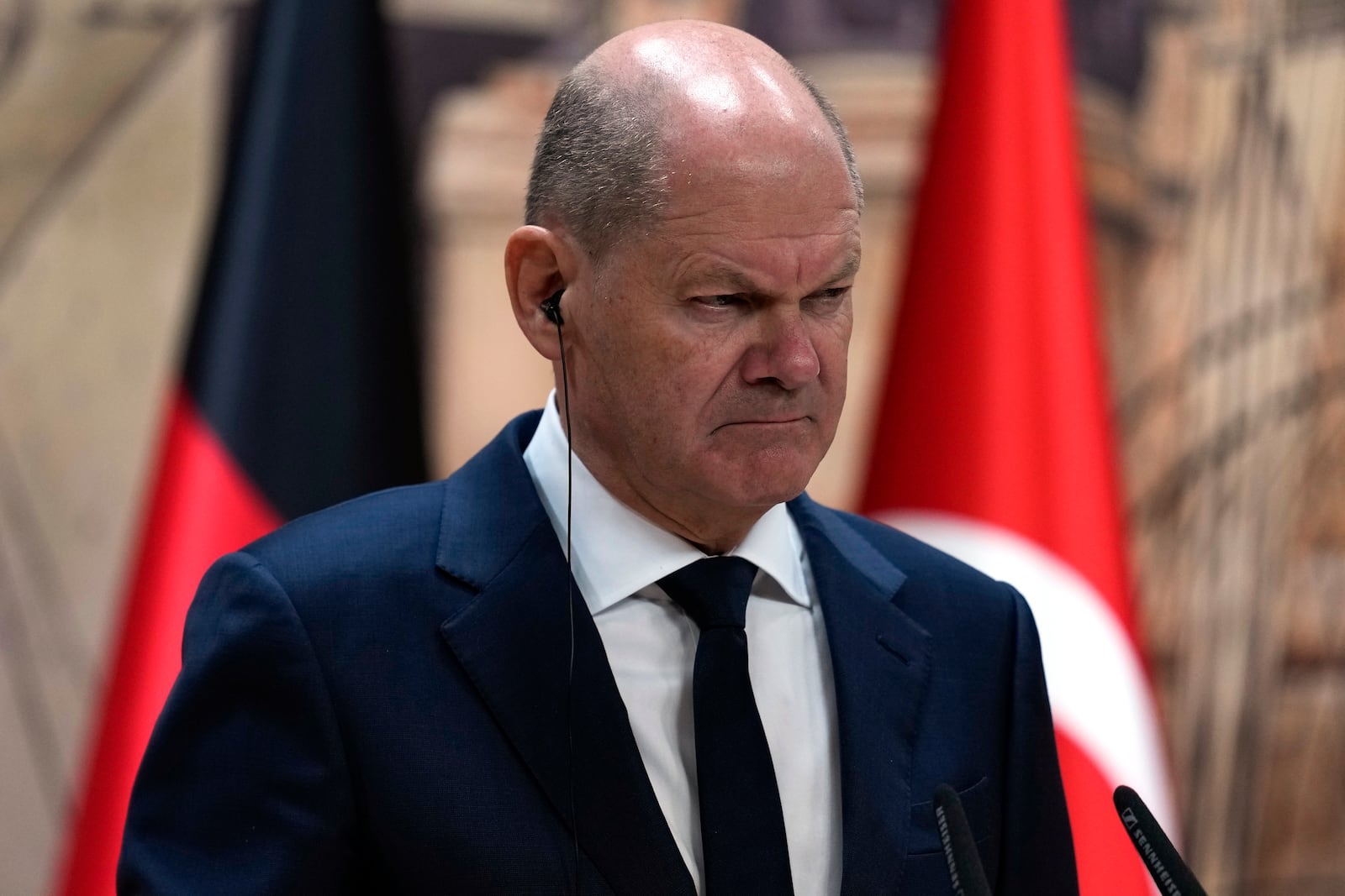 Germany's Chancellor Olaf Scholz, answers journalists questions during a presser with Turkey's President Recep Tayyip Erdogan, in Istanbul, Turkey, Saturday, Oct. 19, 2024. (AP Photo/Khalil Hamra)