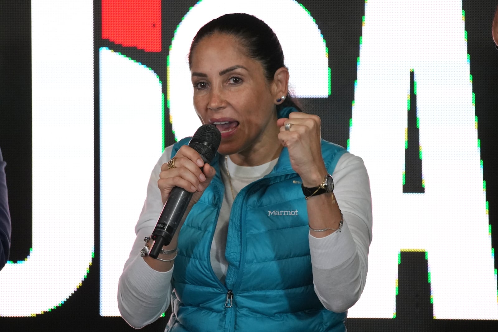 Luisa Gonzalez, presidential candidate for the Citizen Revolution Movement, speaks after polls closed for the presidential election in Quito, Ecuador, Sunday, Feb. 9, 2025. (AP Photo/Carlos Noriega)