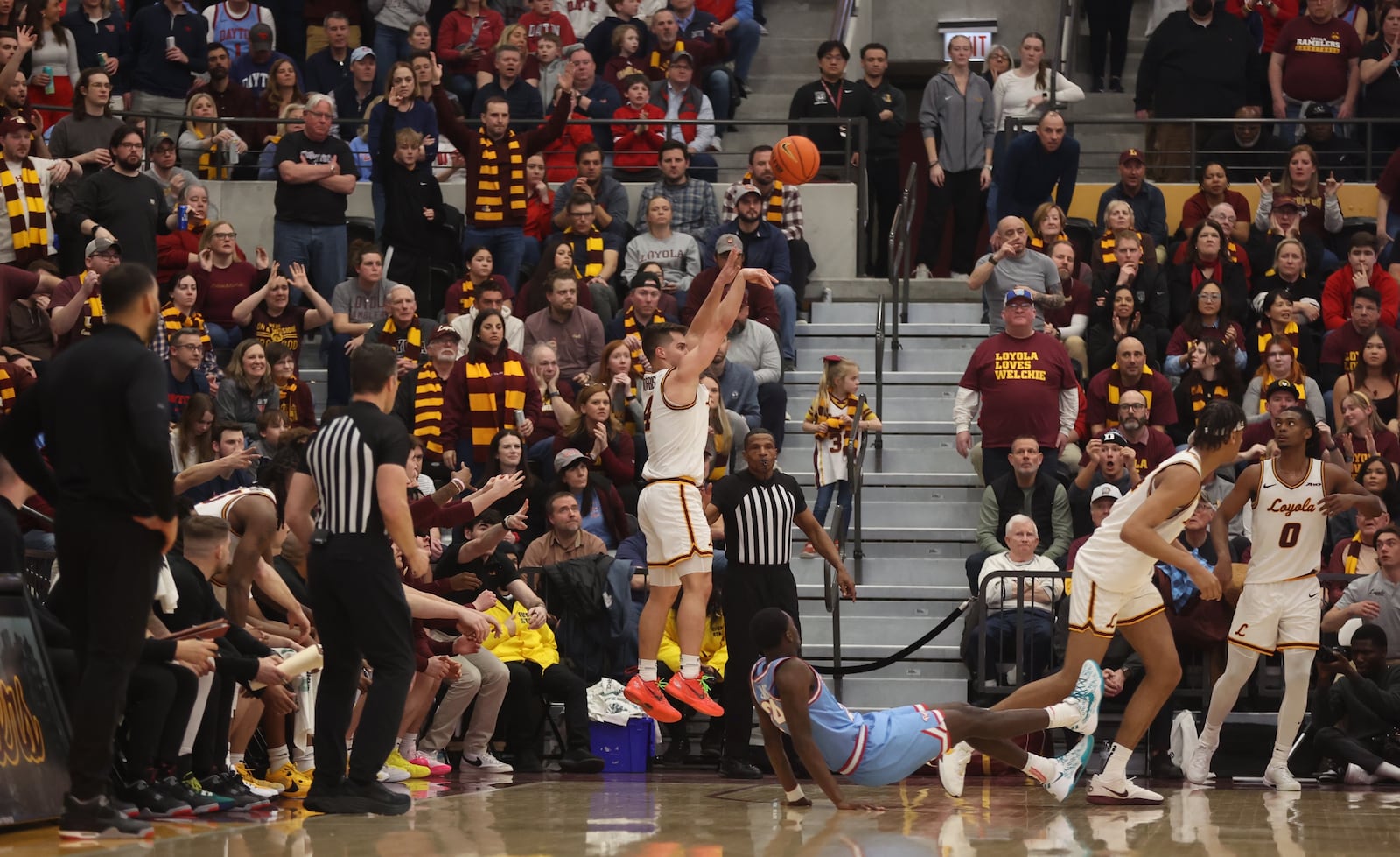 Loyola Chicago's Braden Norris makes a 3-pointer against Dayton in the final minutes on Friday, March 1, 2024, at Gentile Arena in Chicago. David Jablonski/Staff