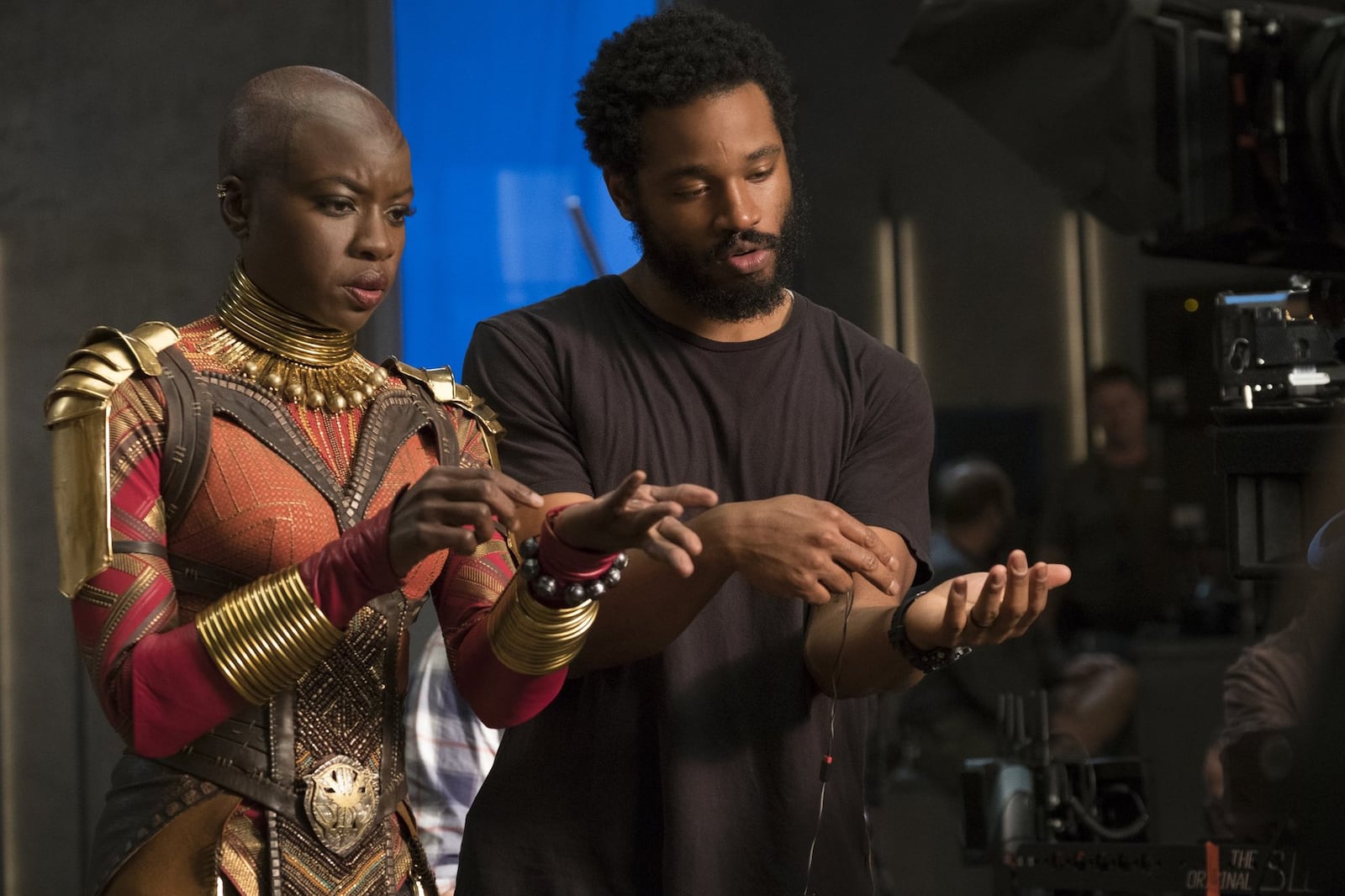 Danai Gurira as Okoye with Black Panther Director Ryan Coogler. PHOTO BY MATT KENNEDY, MARVEL STUDIOS