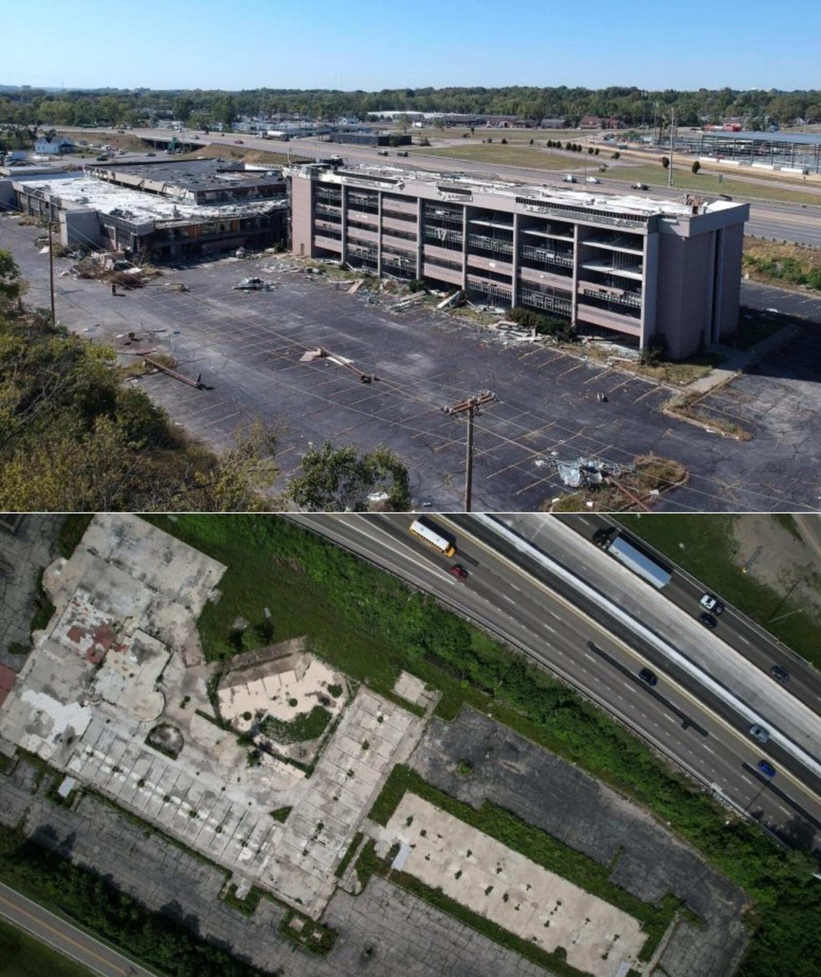 TOP: The Hotel Dayton near Interstate 75 at the Wagner Ford exit soon after it was damaged beyond repair by the 2019 Memorial Day tornados. FILE
BOTTOM: What the site looks like now. The hotel was demolished within the year following the tornadoes. JIM NOELKER/STAFF