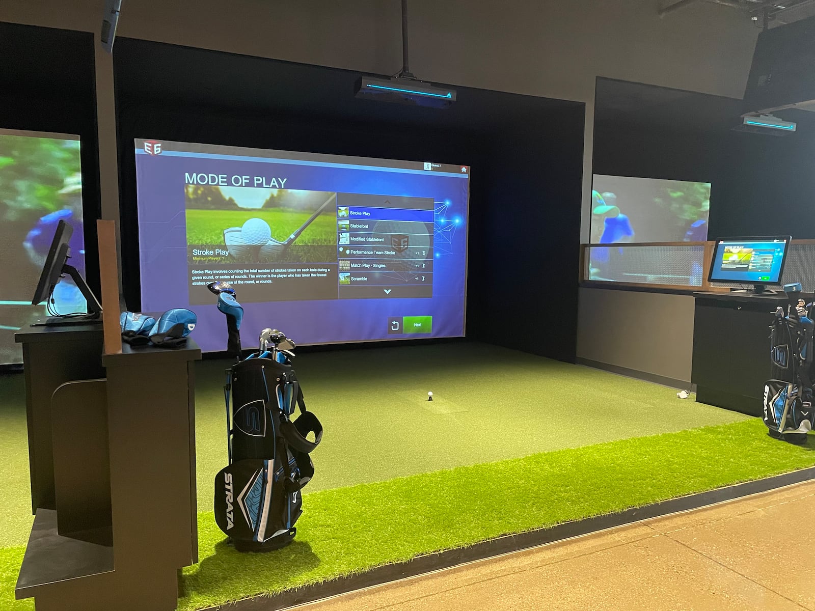 Off Par Golf & Social will open its doors on Saturday, April 8 at The Greene Town Center in Beavercreek. The venue will feature seven bays with 16-foot wide by 11-foot high simulators, a full-bar with craft cocktails and food available through a local partnership. NATALIE JONES/STAFF