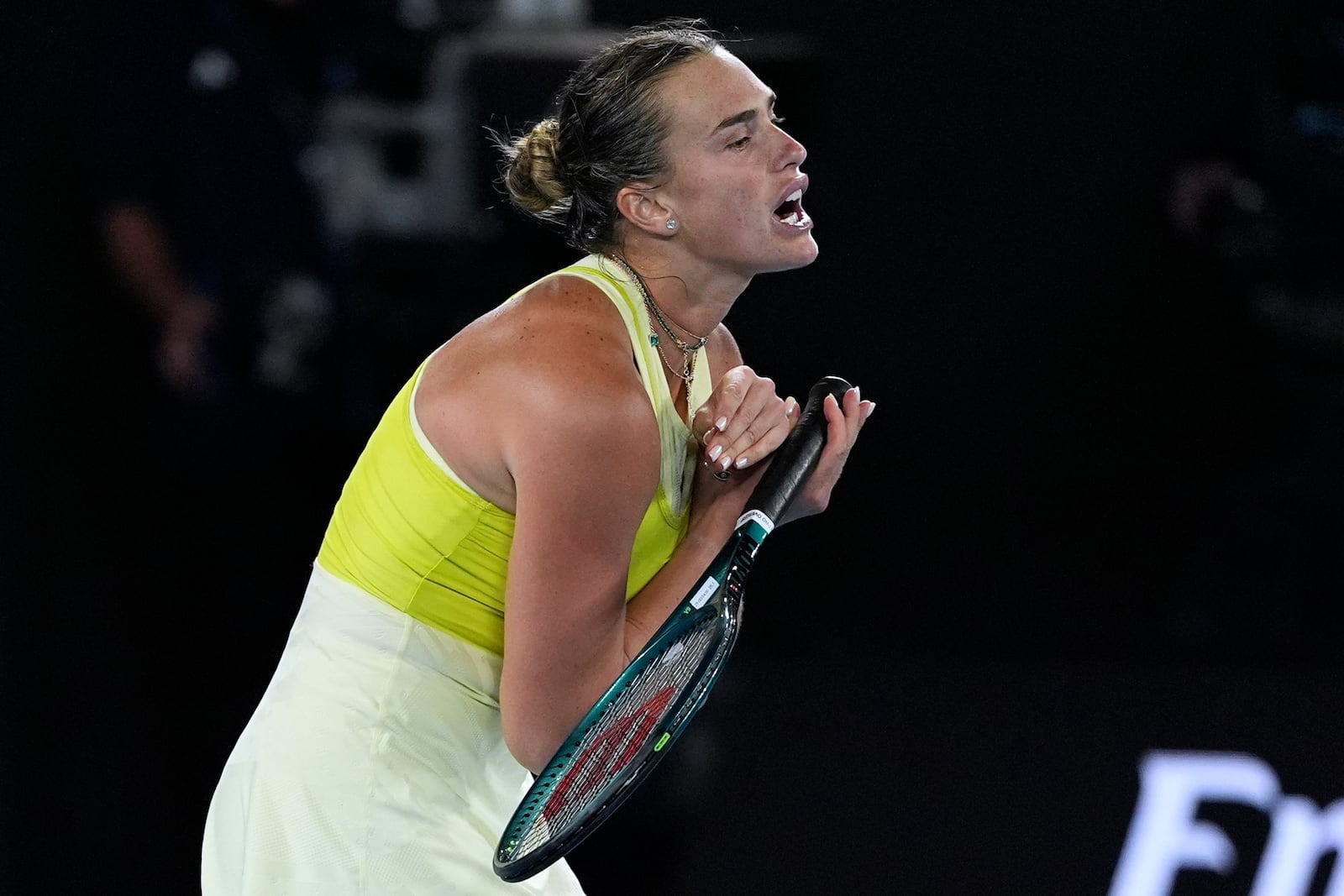 Aryna Sabalenka of Belarus reacts during the women's singles final against Madison Keys of the U.S. at the Australian Open tennis championship in Melbourne, Australia, Saturday, Jan. 25, 2025. (AP Photo/Ng Han Guan)