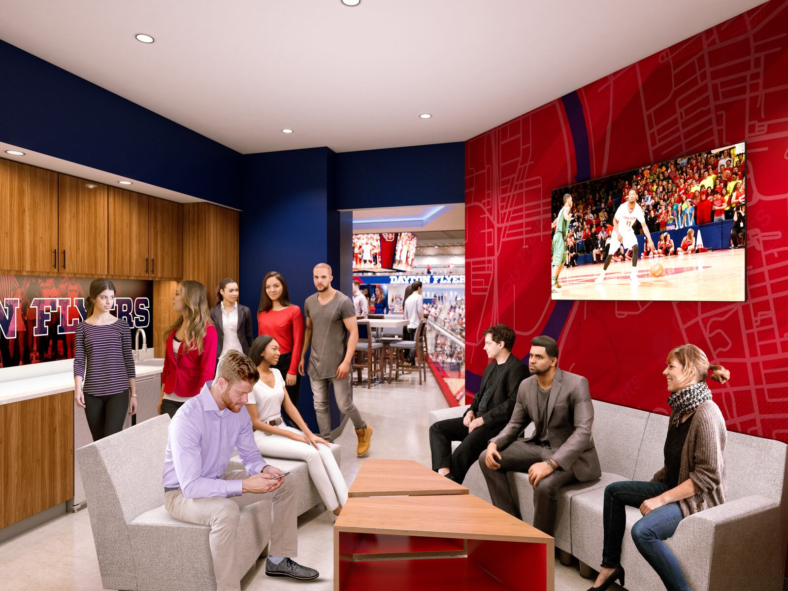 Renderings of proposed renovations to UD Arena. The $72 million in renovations will feature new premier seating, an expanded concourse and changes to the building’s exterior. CONTRIBUTED