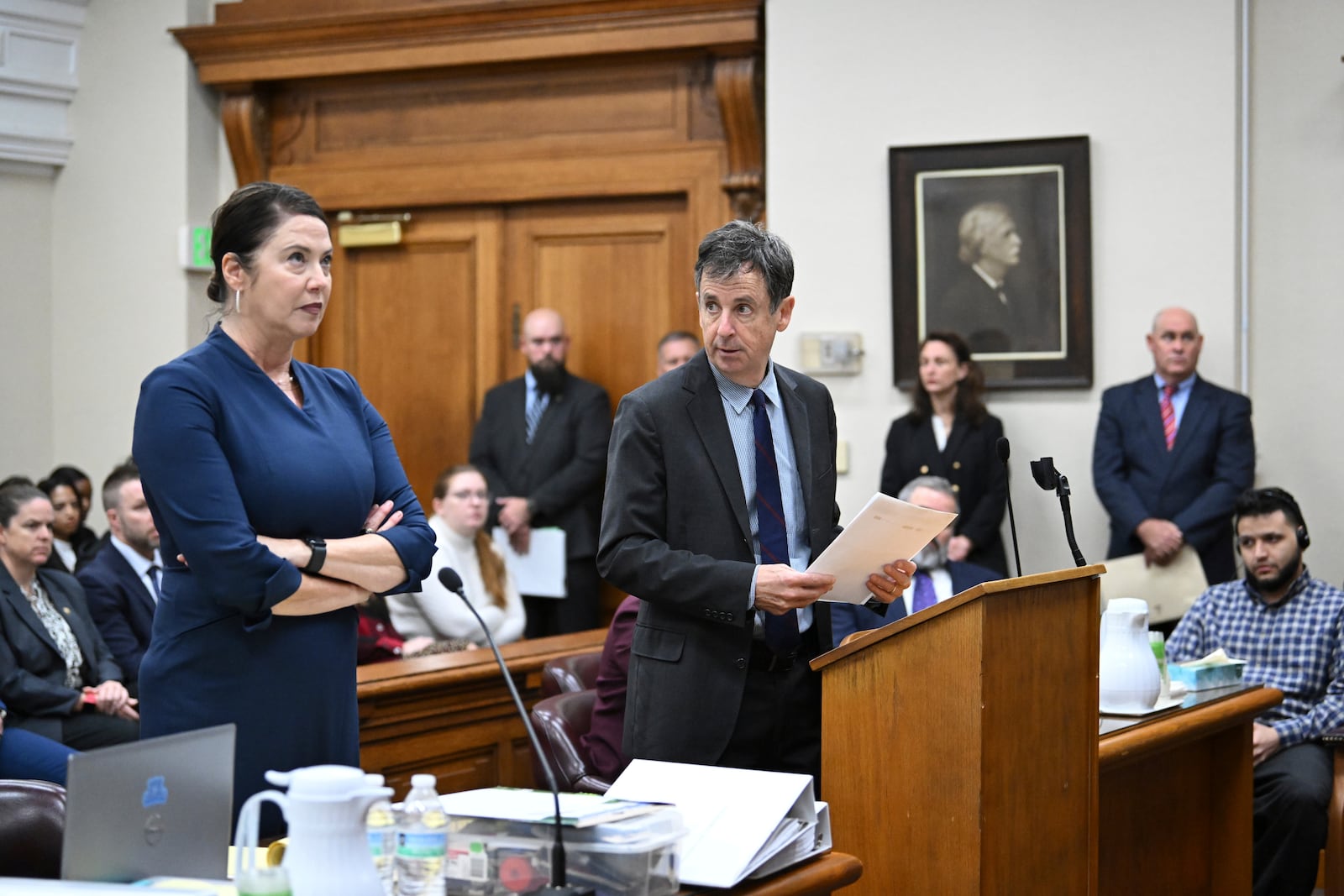 Defense attorney John Donnelly, right, speaks to prosecutor Sheila Ross, left, as he speaks before Superior Court Judge H. Patrick Haggard during the trial of Jose Ibarra at Athens-Clarke County Superior Court, Wednesday, Nov. 20, 2024, in Athens, Ga. (Hyosub Shin/Atlanta Journal-Constitution via AP, Pool)