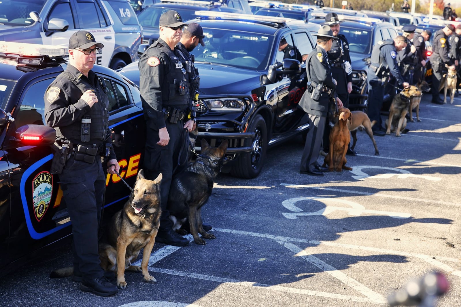 A memorial service was held for Franklin Police K9, Fury, Thursday, Nov. 16, 2023 at New Vine Community Church. The ceremony was followed by a procession of Police  vehicles from multiple agencies through Franklin. Fury, a German shepherd, was killed when a wrong way driver struck his police cruiser. His handler, officer Alex Butler, and fellow officer Eric Miller had minor injuries. NICK GRAHAM/STAFF