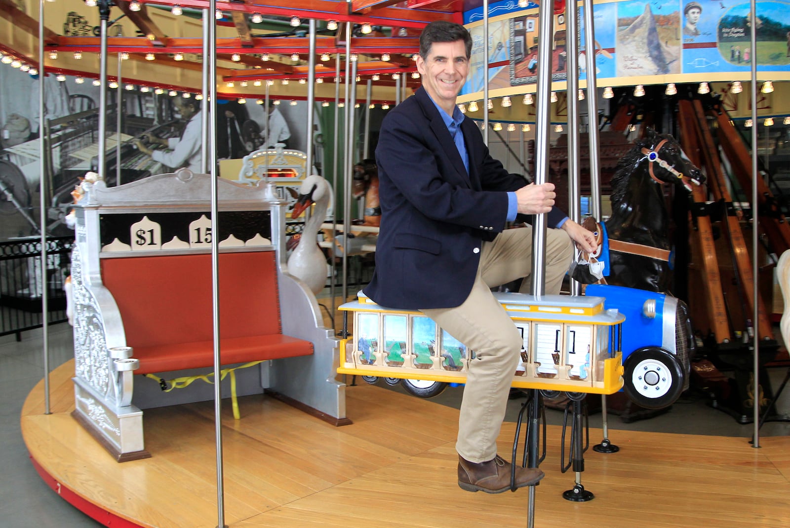 Brady Kress, president and CEO of Dayton History, developed the Carousel of Dayton Innovation at Carillon Historical Park, to help young visitors learn about the Gem City’s history. LISA POWELL / STAFF