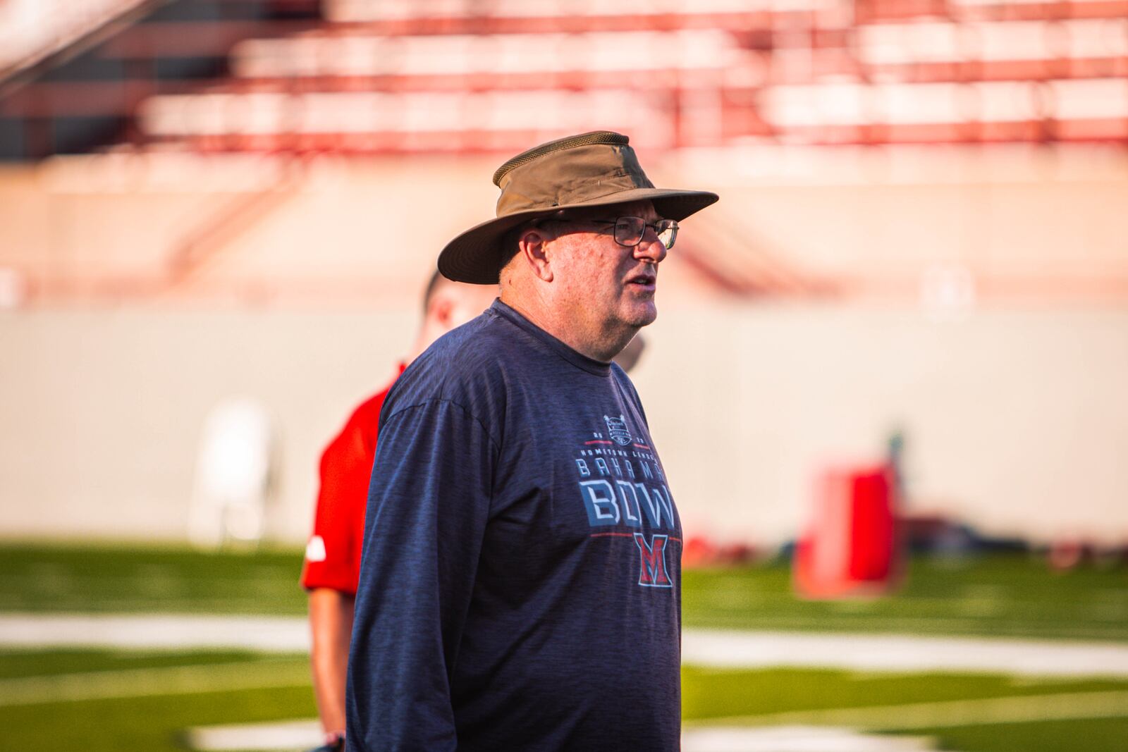 Miami head coach Chuck Martin directs the RedHawks' first day of camp on Thursday at Yager Stadium. Miami Athletics photo