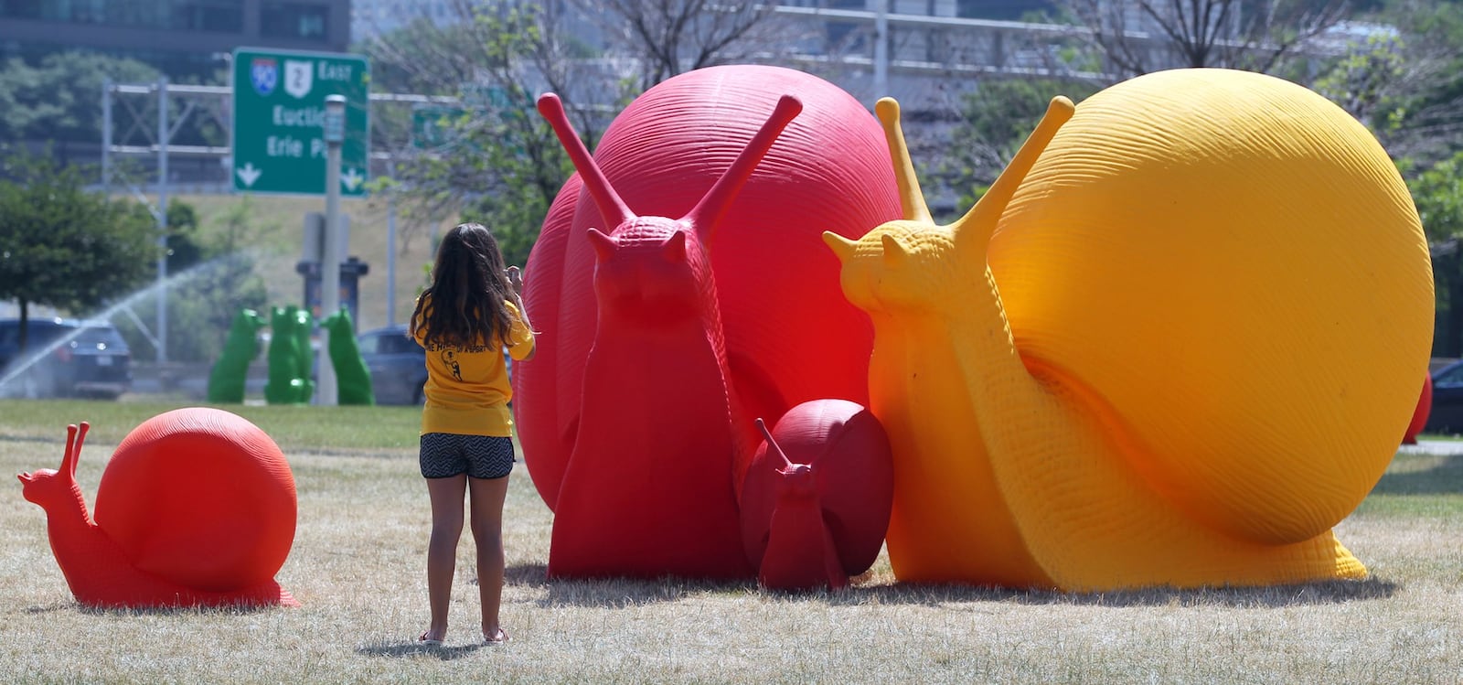 A young visitor to the Great Lakes Science Center takes a photo of the colorful snails that were part of a public art display. MIKE CARDEW/AKRON BEACON JOURNAL