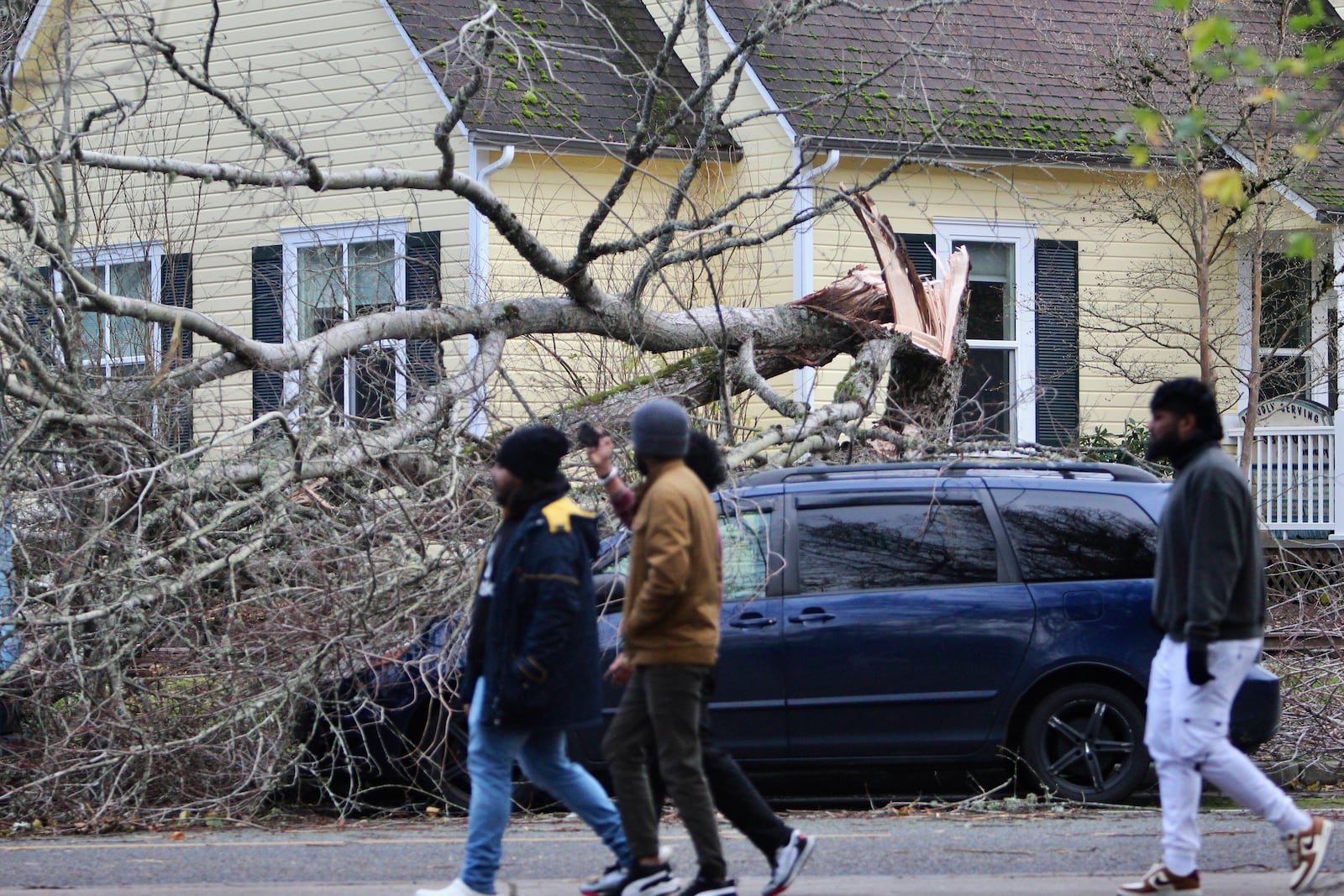 People walk by a minivan hit by a tree that fell during a "bomb cyclone" storm in Issaquah, Wash., Wednesday, Nov. 20, 2024. (AP Photo/Manuel Valdes)