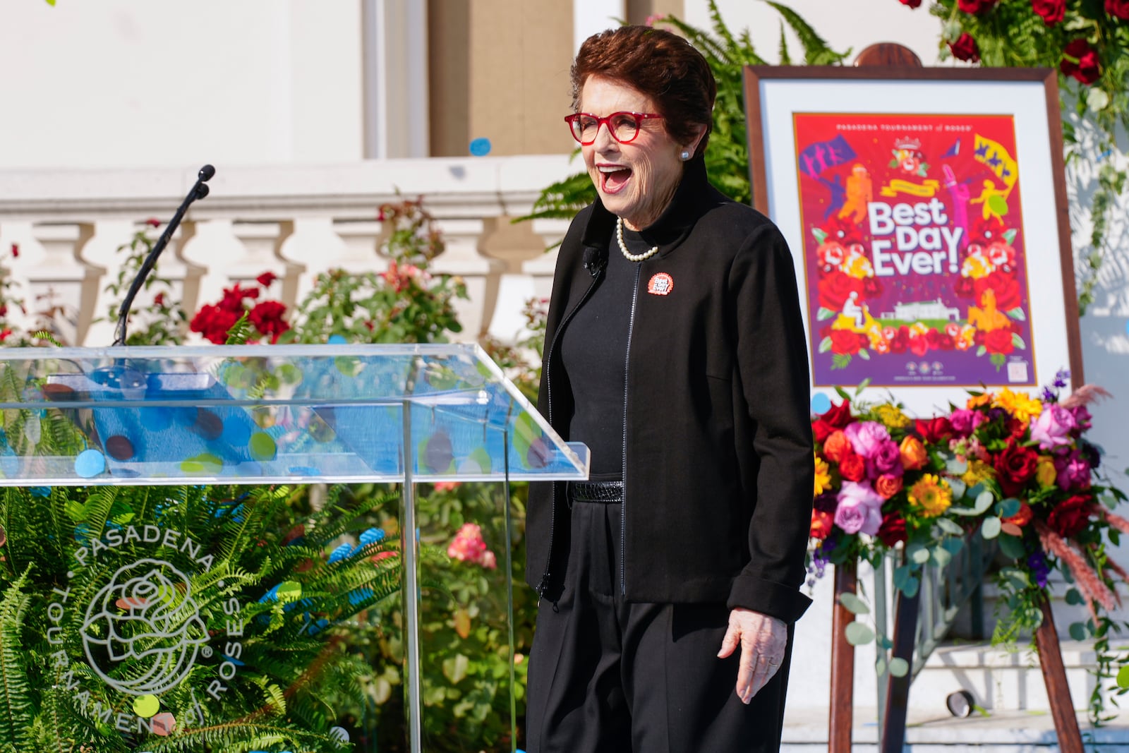 Tennis great Billie Jean King smiles as she is introduced as grand marshal of the 136th Rose Parade next year on the front steps of the Tournament House in Pasadena, Calif., Monday, Oct. 7, 2024. (AP Photo/Damian Dovarganes)