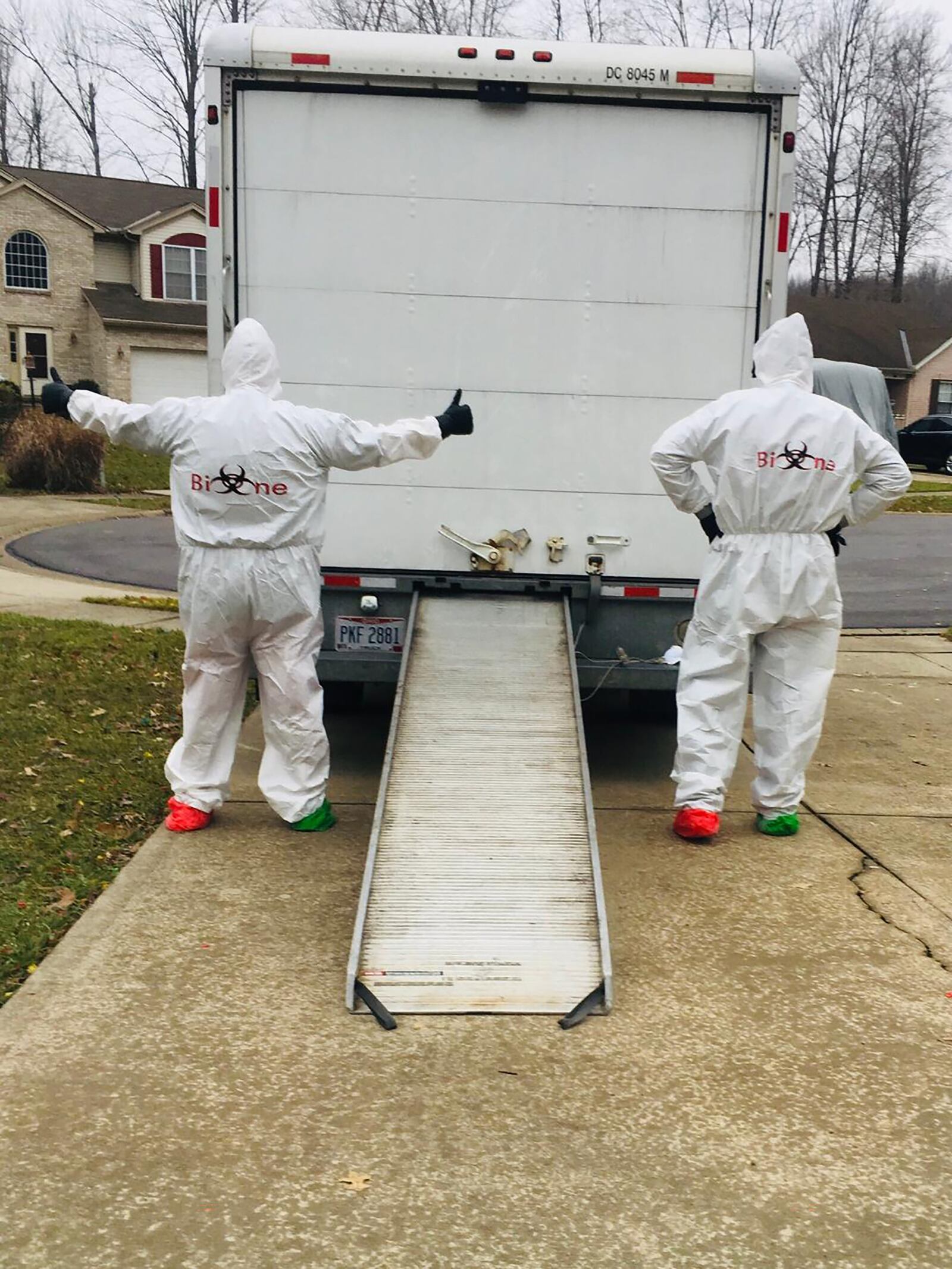 Bio-One Dayton offers a range of clean up services for crime scenes, trauma situations, hoarding situations and even Coronavirus infection cleaning. Owner Jonathan Schaffer (left) and his full-time employee Andrew Grant are shown preparing to go to a job in their protective suits. CONTRIBUTED