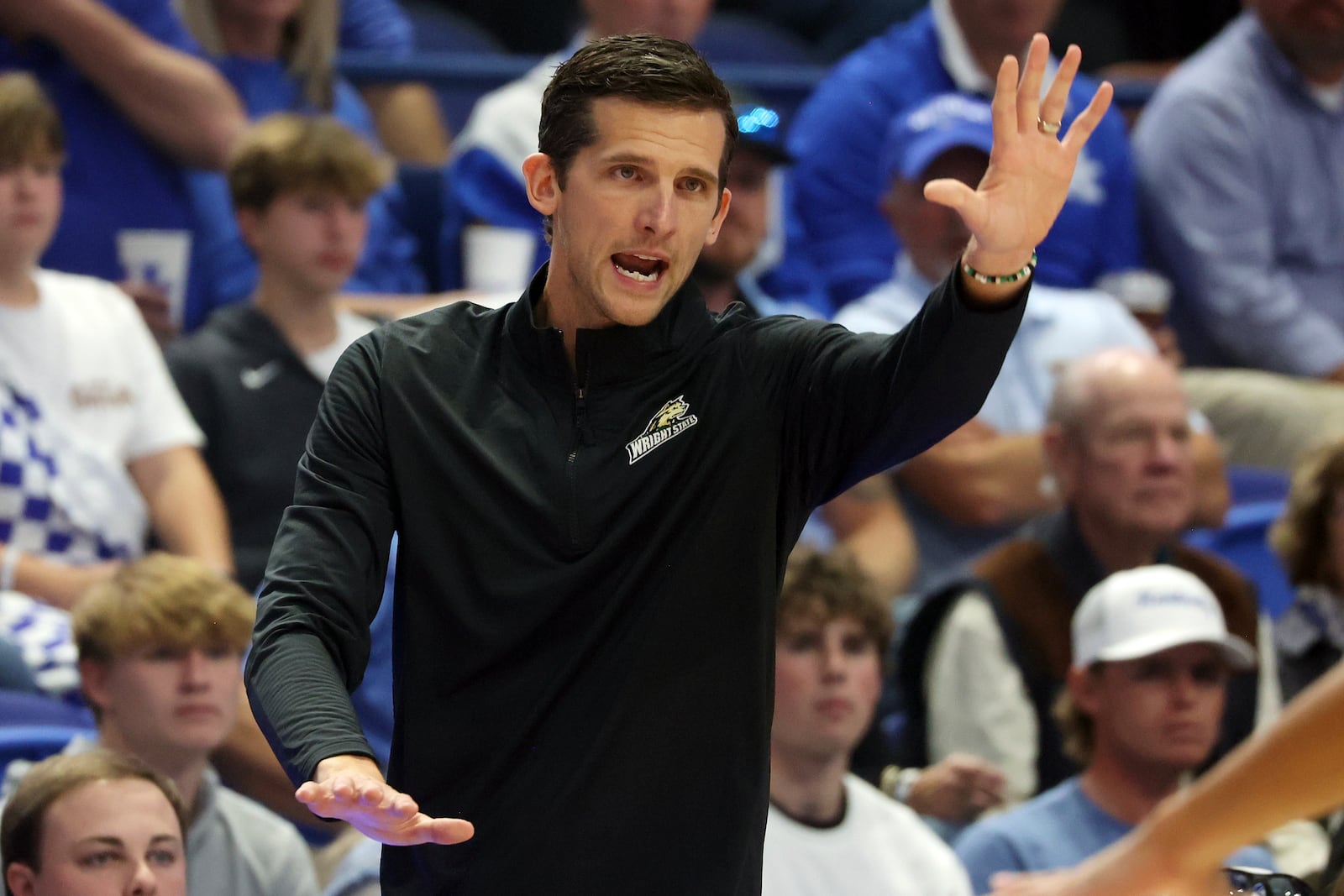 Wright State head coach Clint Sargent directs his team during the first half of an NCAA college basketball game against Kentucky in Lexington, Ky., Monday, Nov. 4, 2024. (AP Photo/James Crisp)