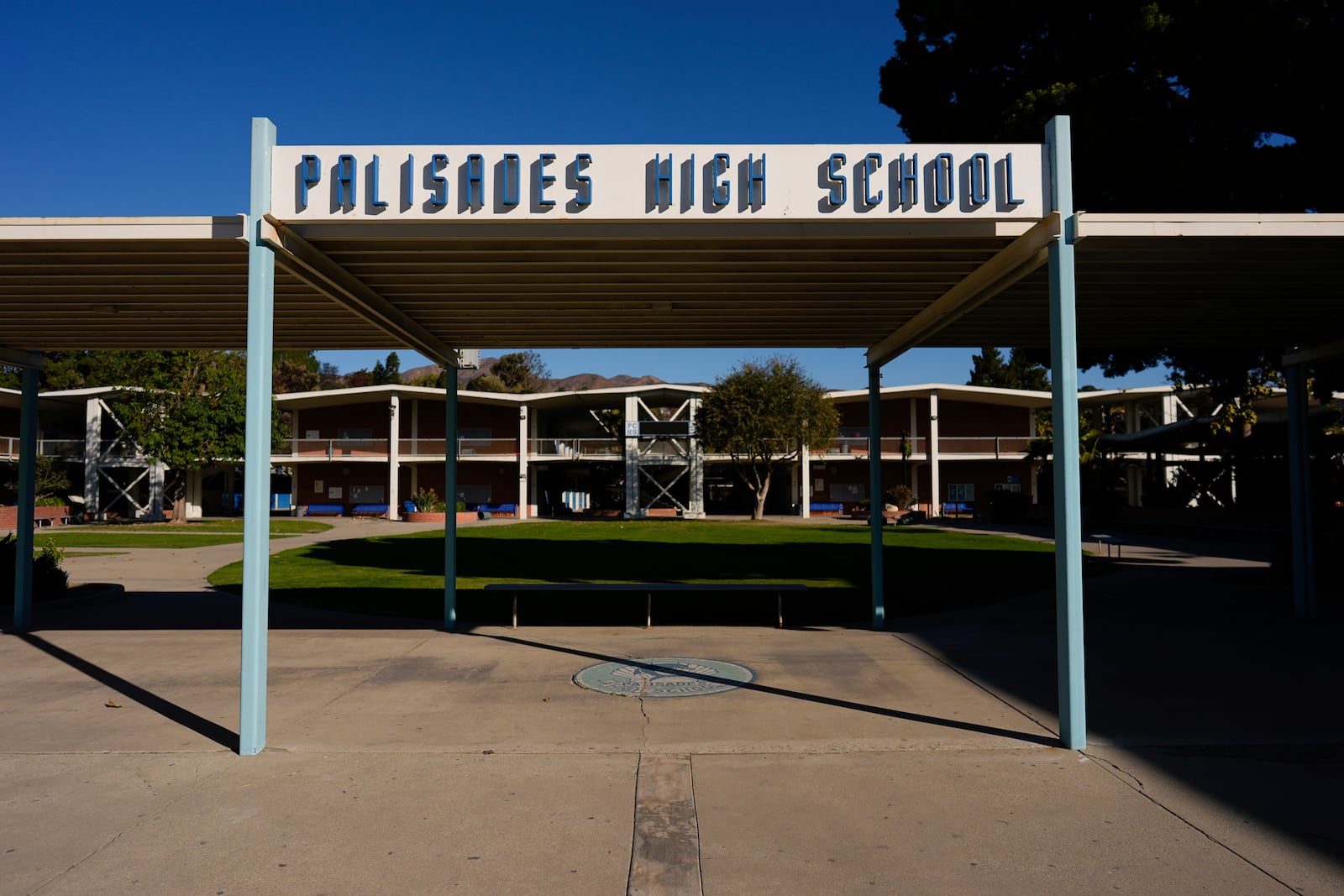 FILE - The fire-damaged Palisades High School is seen in the aftermath of the Palisades Fire in the Pacific Palisades neighborhood of Los Angeles, Tuesday, Jan. 14, 2025. (AP Photo/Carolyn Kaster, File)