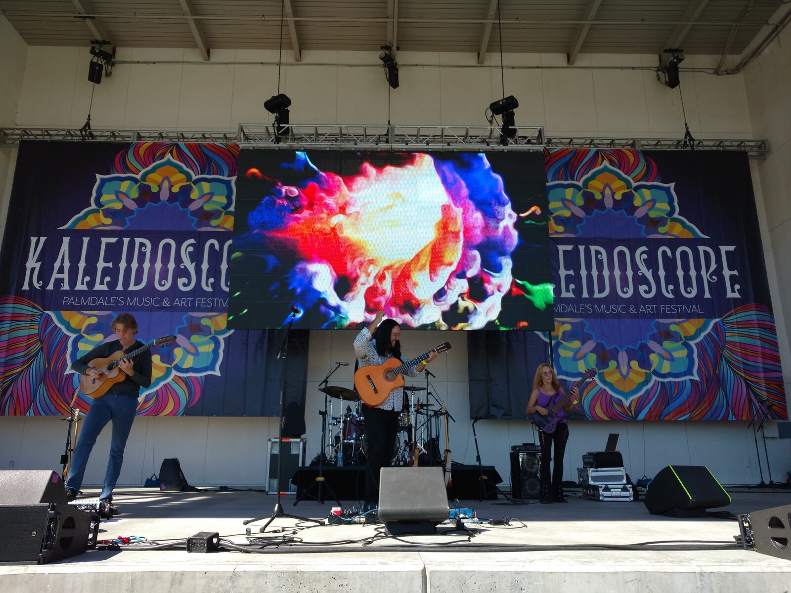 California-based instrumental group Incendio, (left to right) Jim Stubblefield, Jean Pierre “JP” Durand and Liza Carbé, perform at Levitt Pavilion in Dayton on Friday, July 29. Drummer Timothy Curle not pictured.