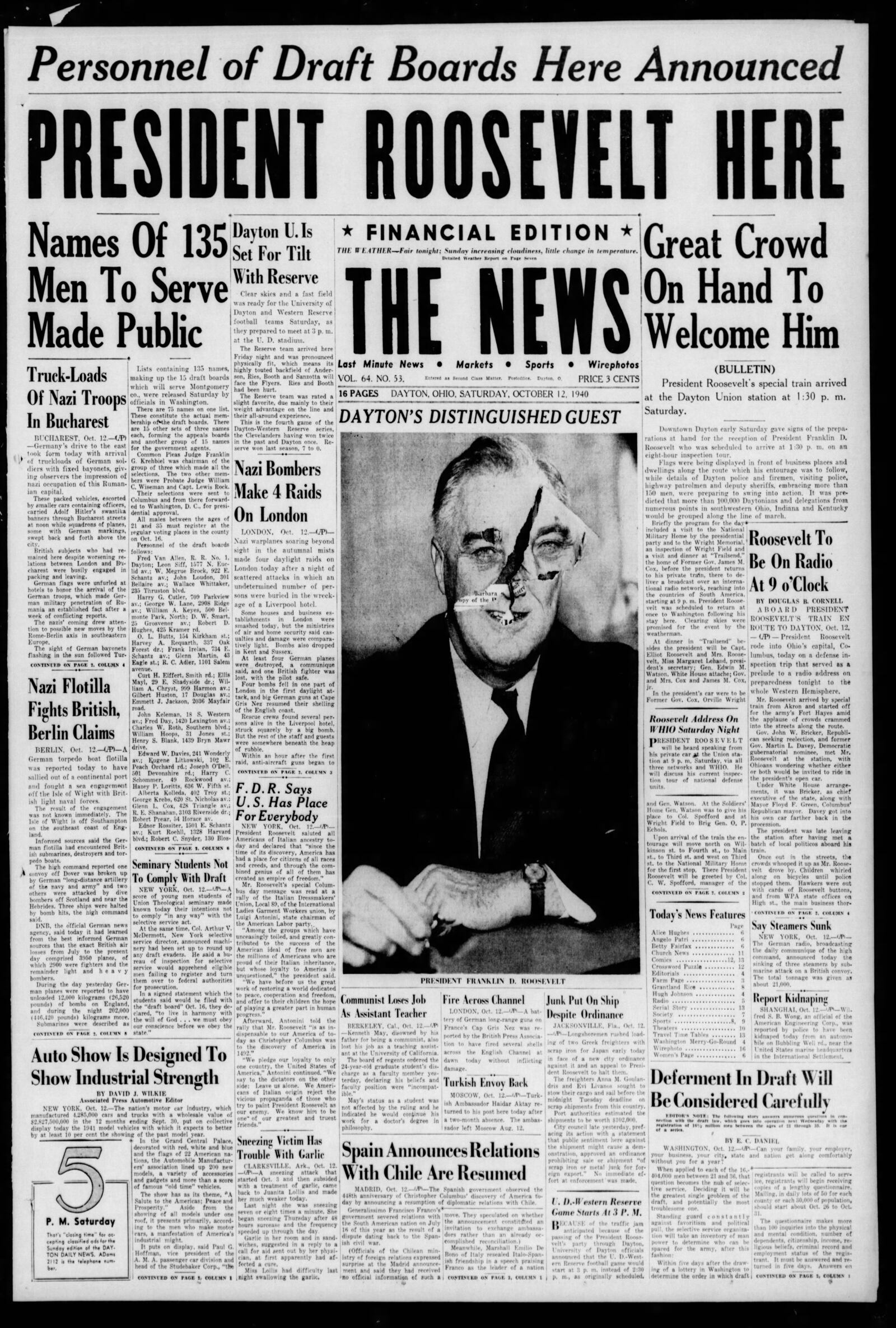 On Oct. 12, 1940, FDR returned as president to inspect the progress at Wright Field and pay a visit to the National Soldiers Home.