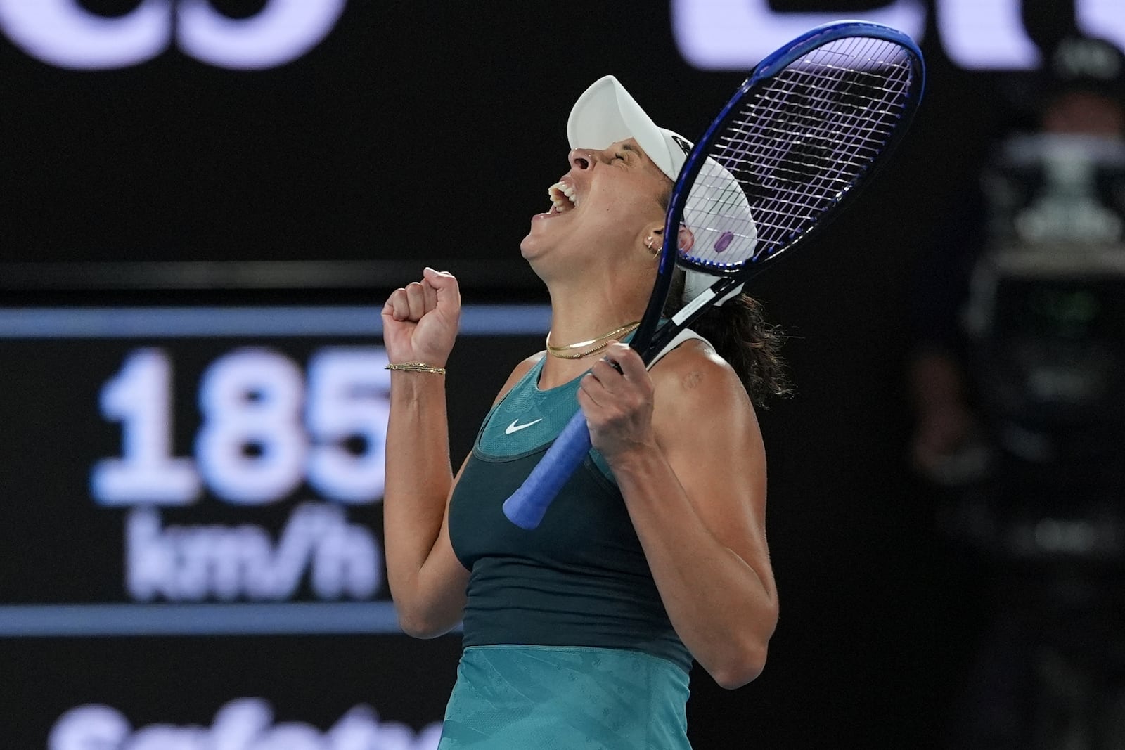 Madison Keys of the U.S. celebrates after defeating Aryna Sabalenka of Belarus in the women's singles final at the Australian Open tennis championship in Melbourne, Australia, Saturday, Jan. 25, 2025. (AP Photo/Ng Han Guan)