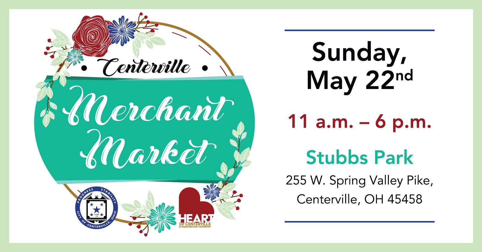 The Centerville Merchant Market, sponsored by the Heart of Centerville Washington Twp. (HOCWT) business association and the city of Centerville, will take place from 11 a.m. to 6 p.m. Sunday, May 22 at Stubbs Park, 255 W. Spring Valley Pike.