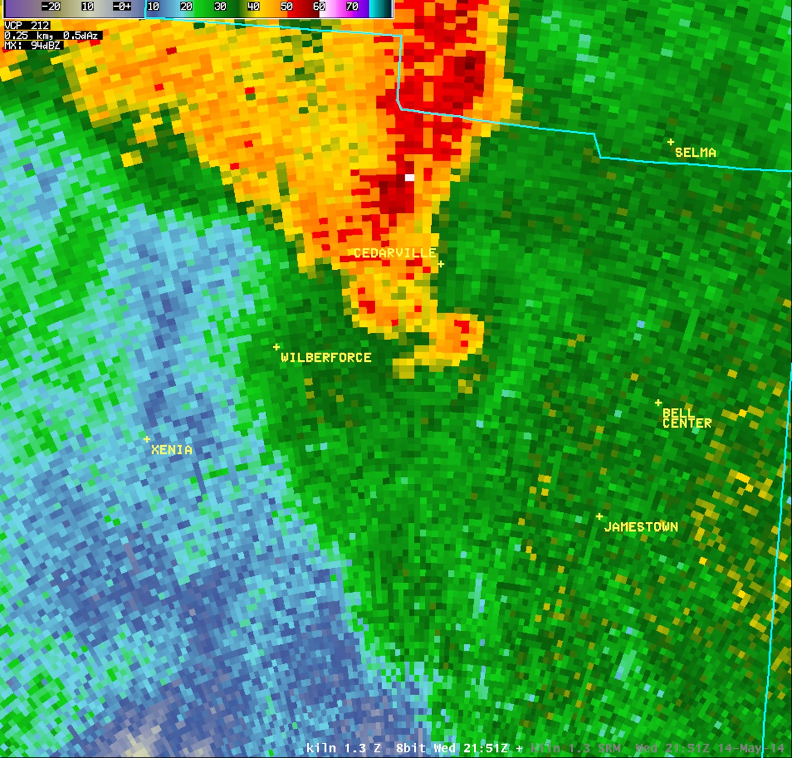 NWS radar imagery during rotation of Cedarville tornado, May 14, 2014.