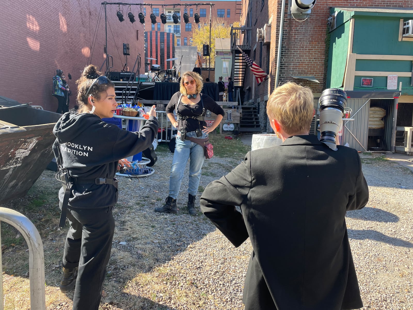 Left to right: Cinematographer, Lauren Guiteras, 1st AD, Elaine Gibson, Director/Writer Nicole Riegel. On set of "Dandelion" blocking a scene in Covington, Kentucky. NICOLE RIEGEL