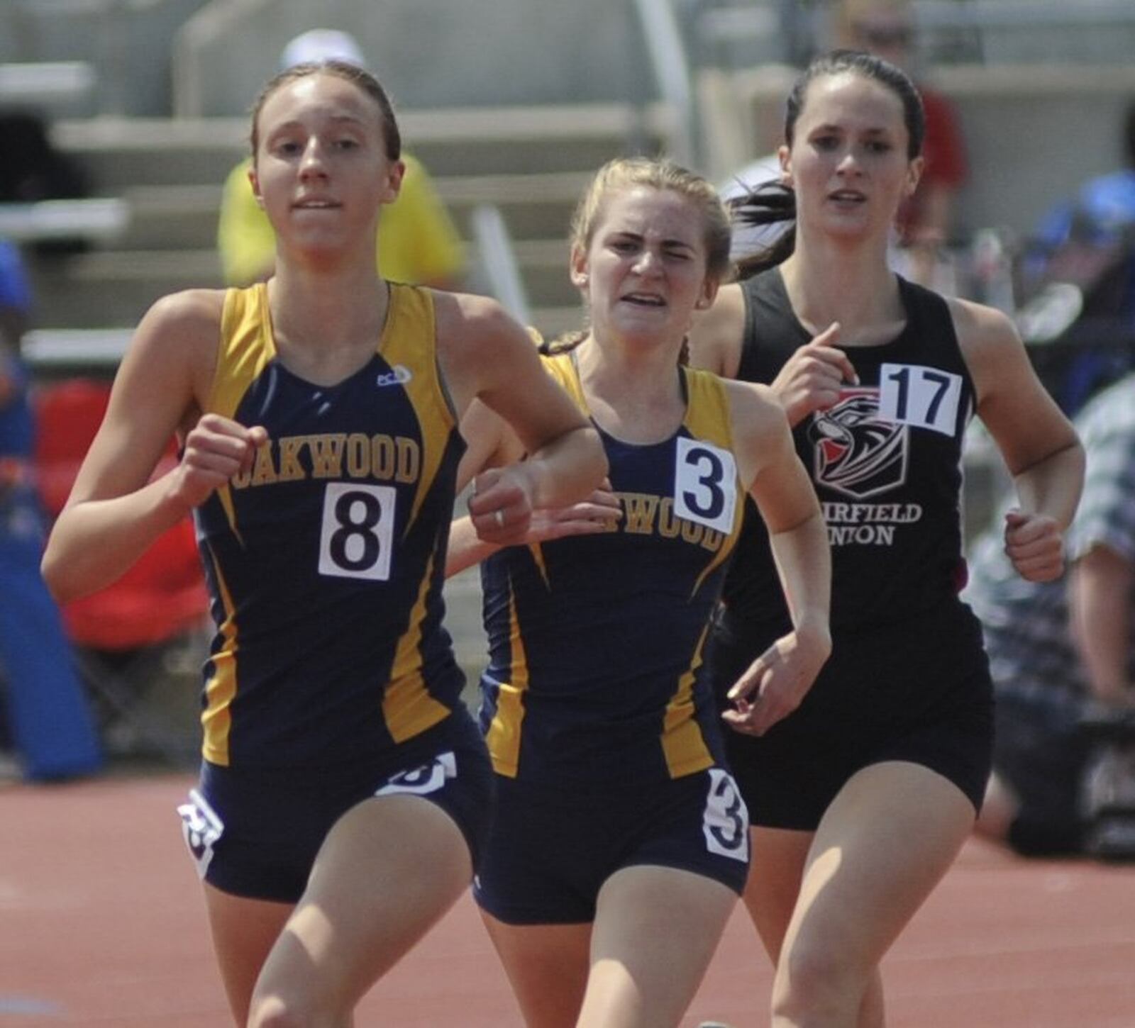 Oakwood freshman Grace Hartman (left) was first and junior teammate Elizabeth Vaughn was third in the 3,200 meters during the D-II state track and field meet at OSU’s Jesse Owens Memorial Stadium at Columbus on Saturday, June 1, 2019. MARC PENDLETON / STAFF