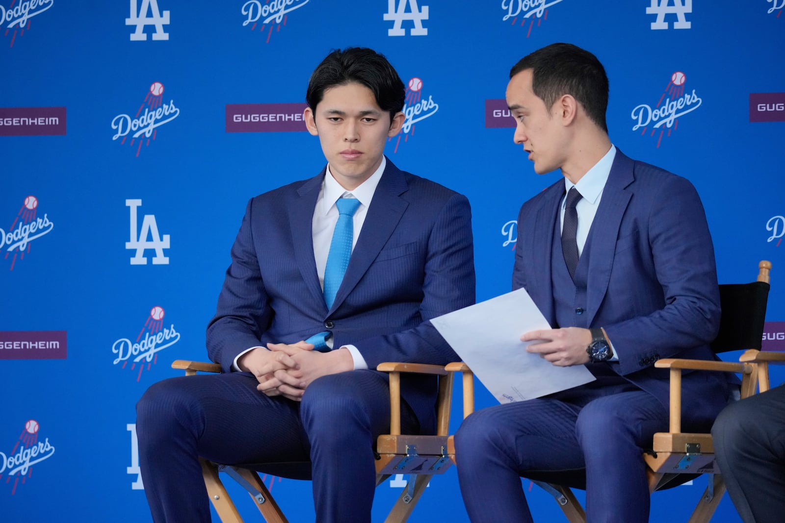 Japanese right-hander pitcher Roki Sasaki, 23, is introduced by the Los Angeles Dodgers at a news conference at Dodger Stadium Wednesday, Jan. 22, 2025 in Los Angeles. (AP Photo/Damian Dovarganes)