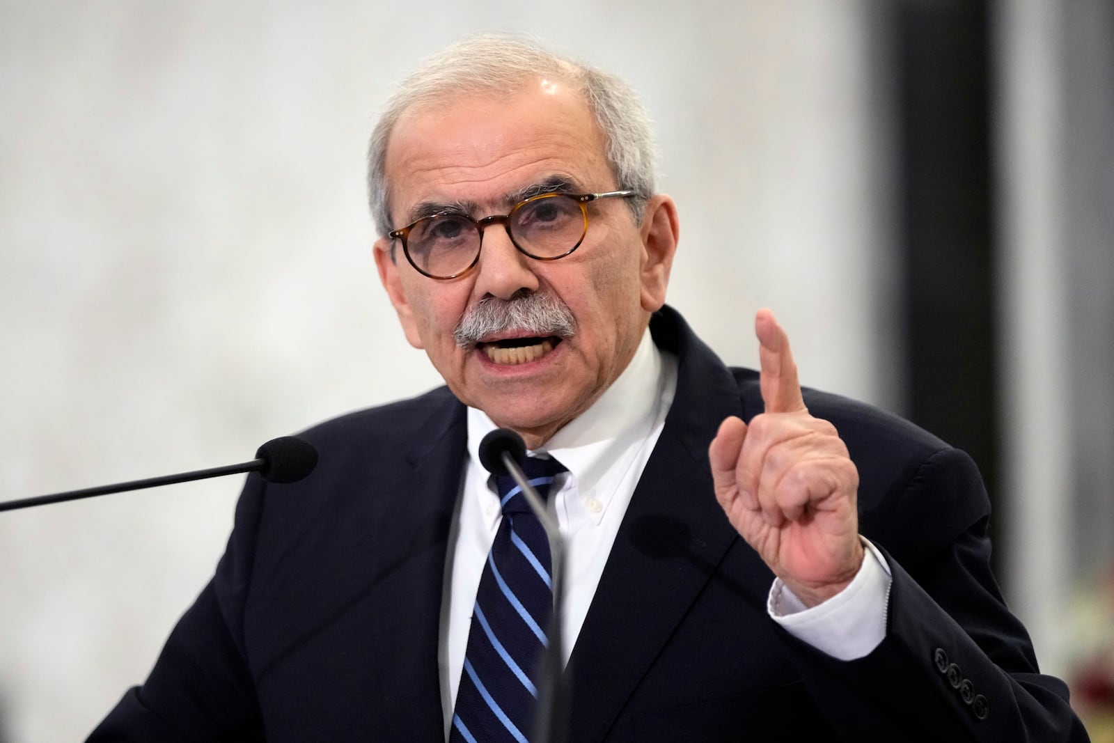 Lebanese Prime Minister-designate Nawaf Salam speaks to journalists after his meeting with Lebanese President Joseph Aoun at the presidential palace in Baabda, east of Beirut, Lebanon, Tuesday, Jan. 14, 2025. (AP Photo/Hassan Ammar)