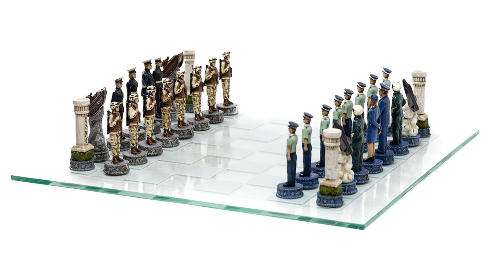 This U.S. Air Force v. U.S. Marine Corps Chess Set is made of durable glass and polyresin and available in the gift shop at the Air Force Museum. CONTRIBUTED