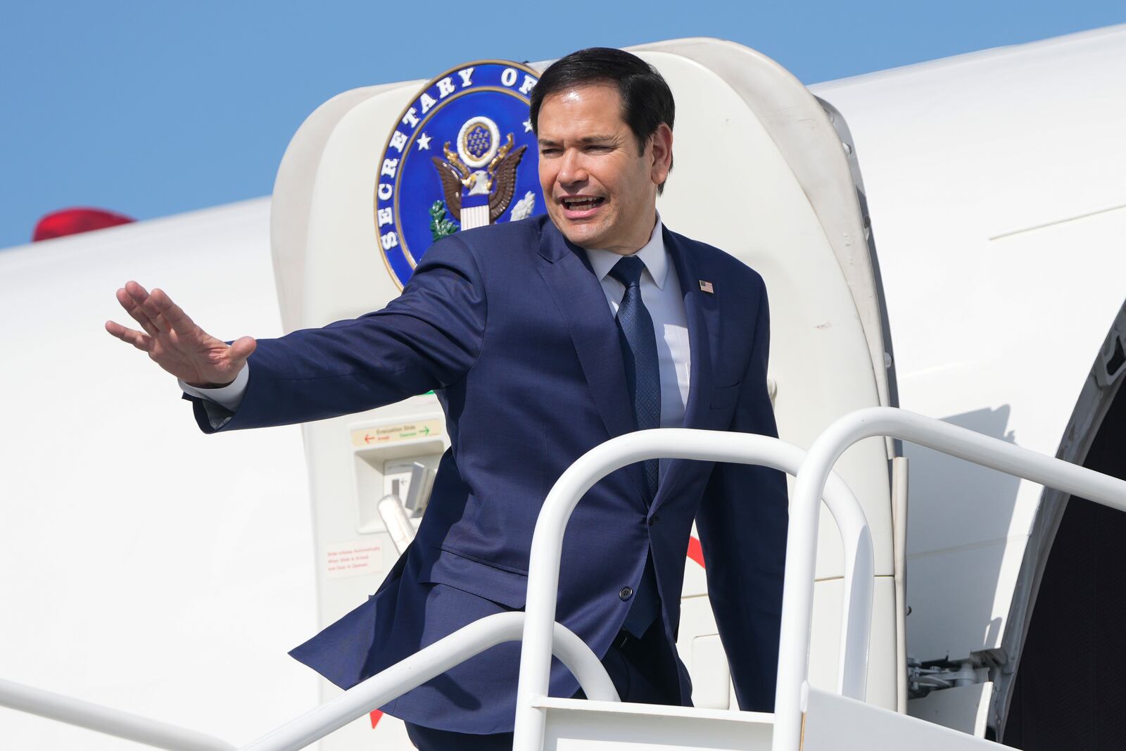 Secretary of State Marco Rubio boards a plane at Panama Pacifico International Airport in Panama City, Monday, Feb. 3, 2025, en route to El Salvador. (AP Photo/Mark Schiefelbein, Pool)