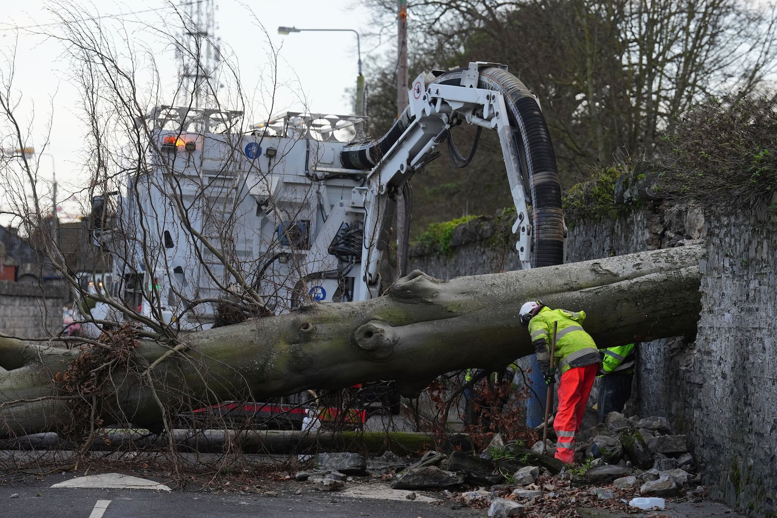 Workers survey a fallen tree in Dublin, Friday Jan. 24, 2025, as the top-level red warning for wind is in place in both Northern Ireland and the Republic of Ireland. (Brian Lawless/PA via AP)