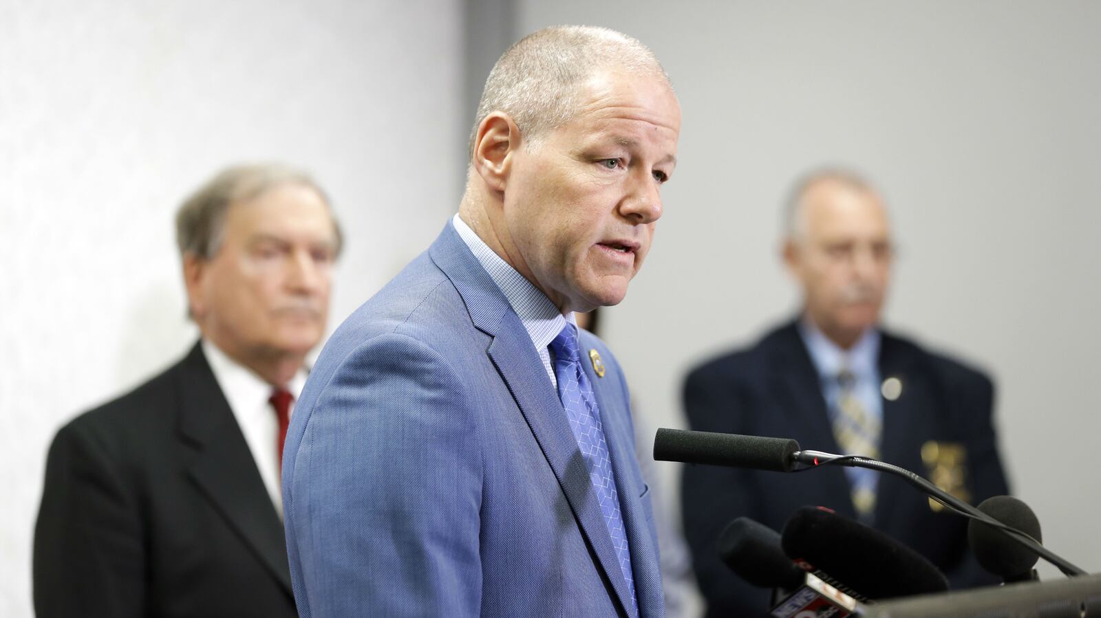 Tennessee Bureau of Investigation Director David Rausch, center, speaks at a news conference at the Tennessee Bureau of Investigation Monday, April 29, 2019, in Nashville, regarding the case of Michael Lee Cummins. Cummins, 25, is suspected of killing six people found beaten to death in their Westmoreland home Saturday, including his parents, uncle and a 12-year-old girl. A seventh victim was found dead in her home about a mile away. A surviving victim, identified by family members as Cummins’ grandmother, was left in critical condition.