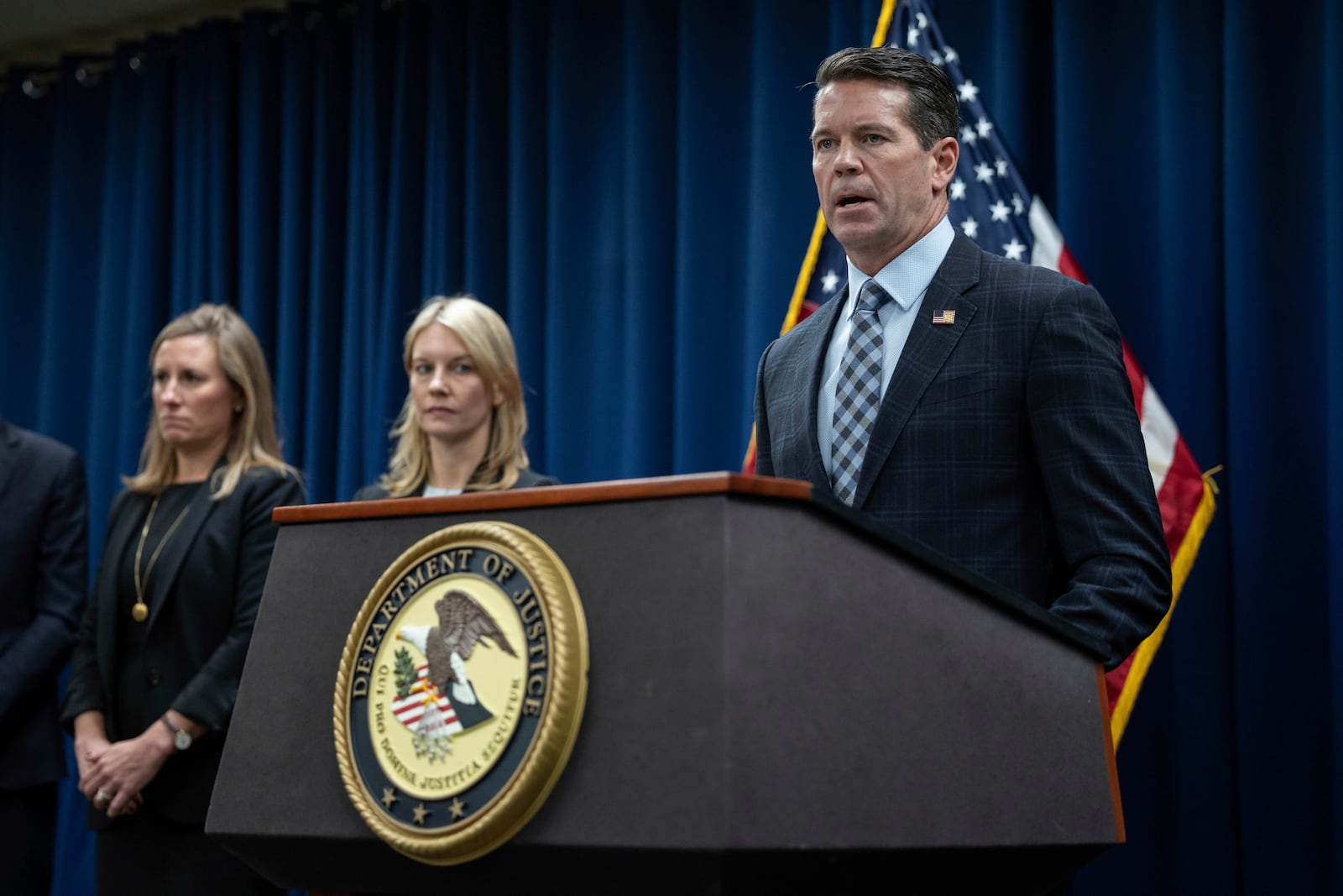 Assistant Director in Charge of the FBI's New York Field Office James Dennehy speaks during a press conference regarding the arrests of former Abercrombie & Fitch CEO Mike Jeffries and his partners as part of sex trafficking investigation at the U.S. Attorney's Office, Tuesday, Oct. 22, 2024, in New York. (AP Photo/Yuki Iwamura)