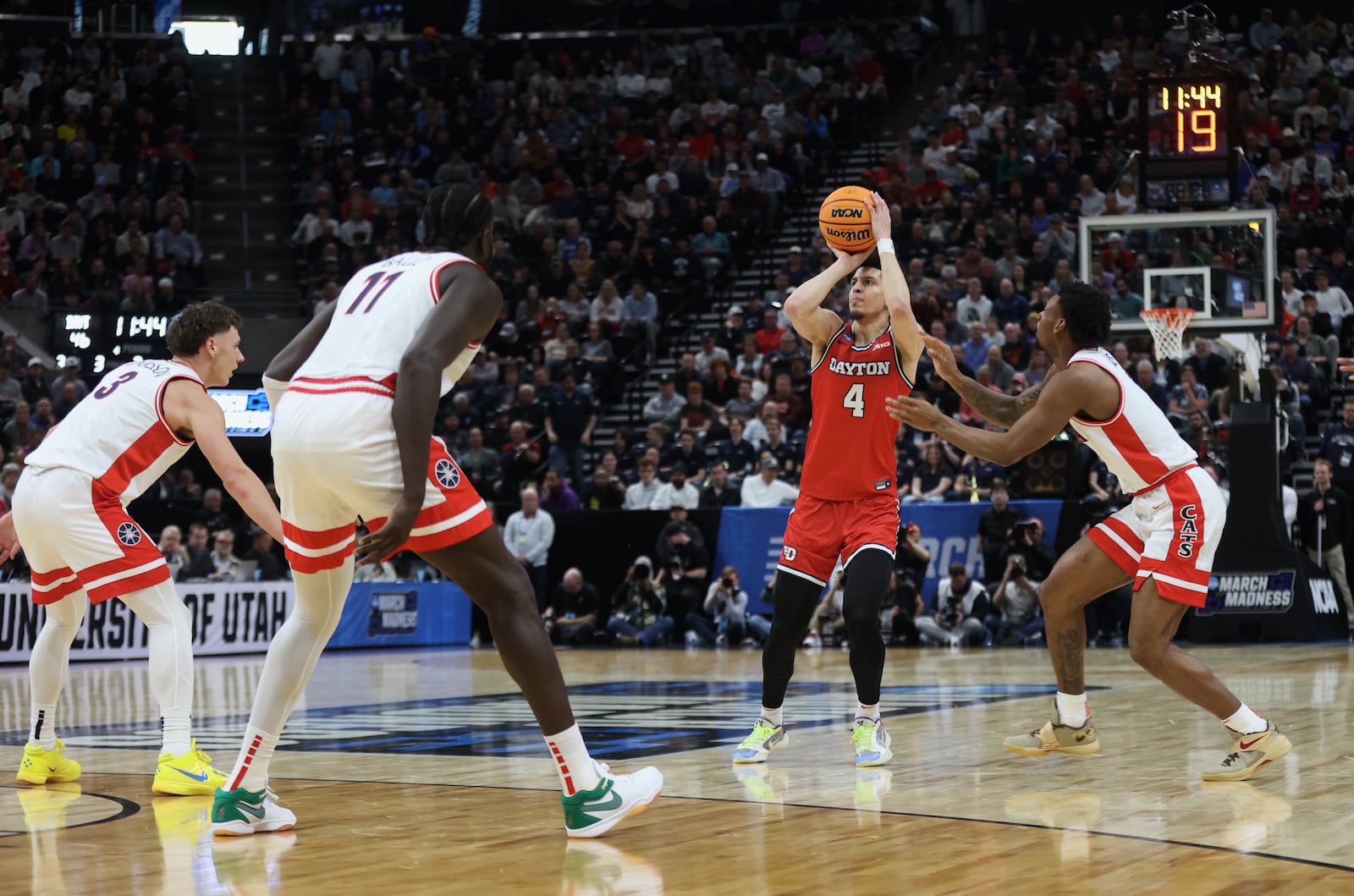 Dayton's Koby Brea makes a 3-pointer against Arizona in the second round of the NCAA tournament on Saturday, March 23, 2024, at the Delta Center in Salt Lake City, Utah. David Jablonski/Staff