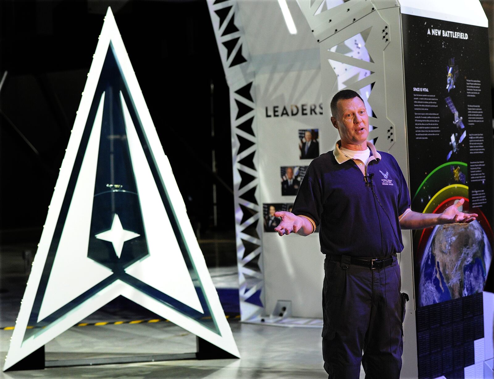 Doug Lantry, museum historian, for the National Museum of the U.S. Air Force talks Friday Sept. 16, 2022 about the exhibits on display for the 75th anniversary of the Air Force. MARSHALL GORBY\STAFF