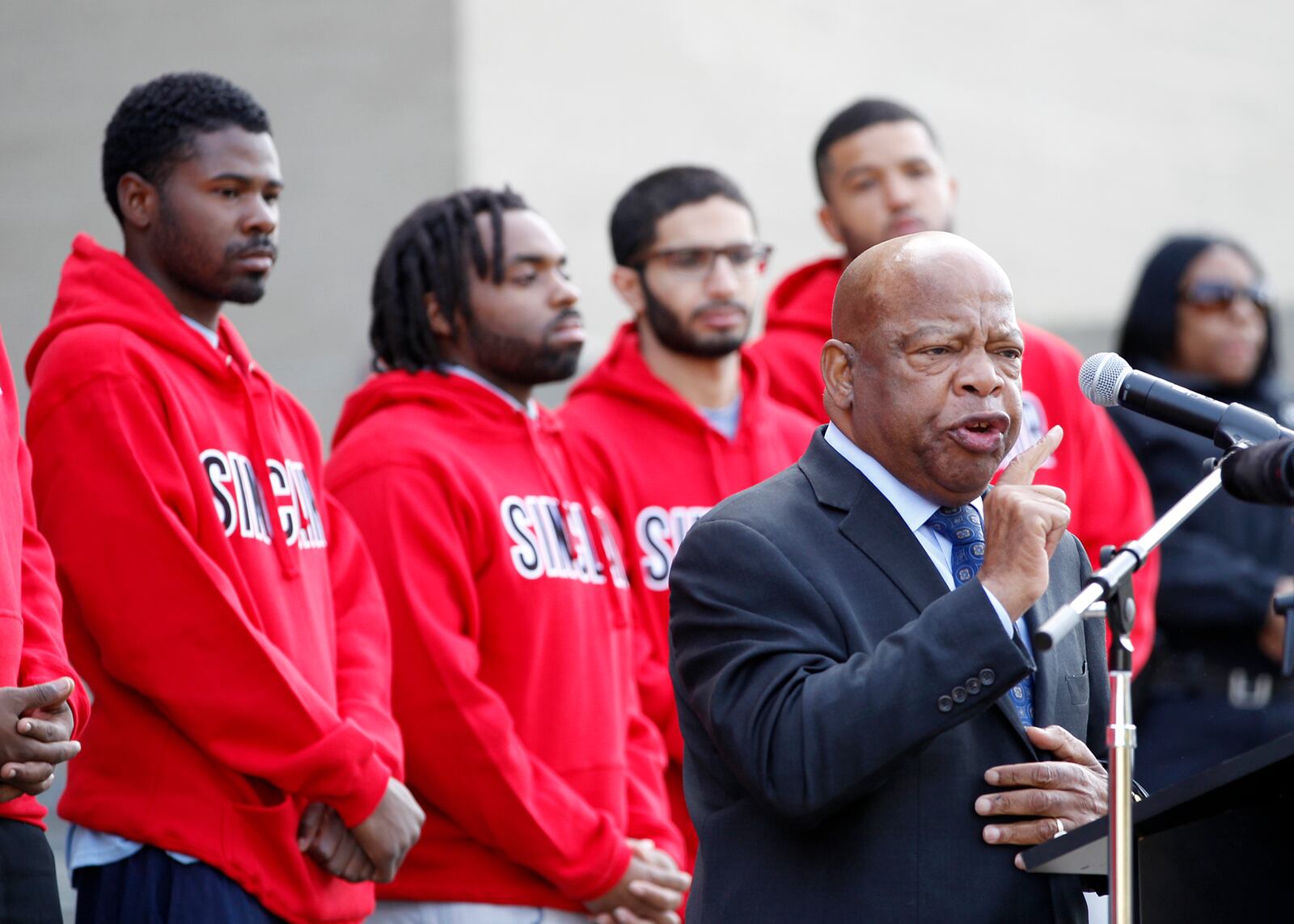 Civil right icon U.S. Rep. John Lewis attended a get out the vote rally at Sinclair Community College in Dayton Friday. He was joined by U.S. Senate candidate and former Ohio Gov. Ted Strickland, U.S. Rep. Joyce Beatty, D-Columbus, Dayton Mayor Nan Whaley, Ohio House Democratic leader Fred Strahorn,  Rhine McLin, former Dayton mayor and current Ohio Democratic Party vice chair and Dayton civil rights leader Jessie Gooding.  LISA POWELL / STAFF