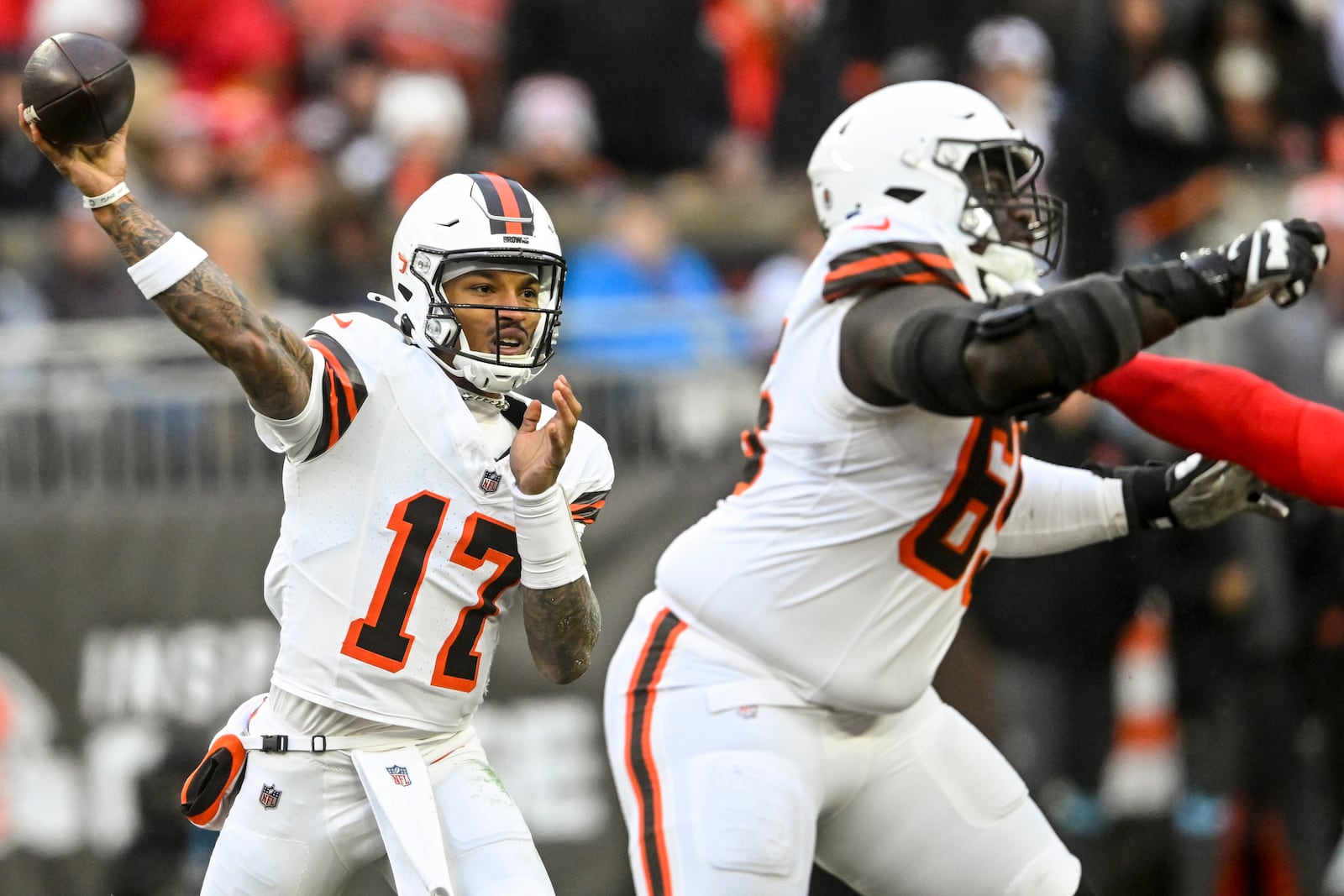 Cleveland Browns quarterback Dorian Thompson-Robinson (17) works in the pocket against the Kansas City Chiefs during the second half of an NFL football game, Sunday, Dec. 15, 2024, in Cleveland. (AP Photo/David Richard)