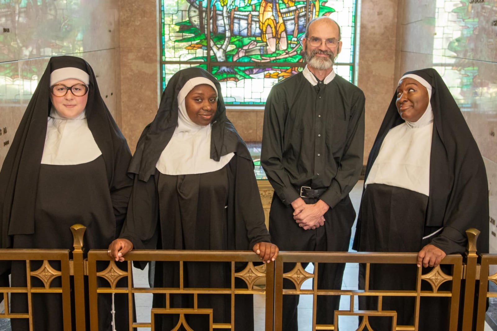 Left to right: Anna Rae Brown as Sister Mary Patrick, Amirah Musa as Deloris Van Cartier, Michael Karrick as Monsignor O'Hara, and Tia Seay as Mother Superior in INNOVAtheatre's production of "Sister Act." Eccentric Exposure Photography