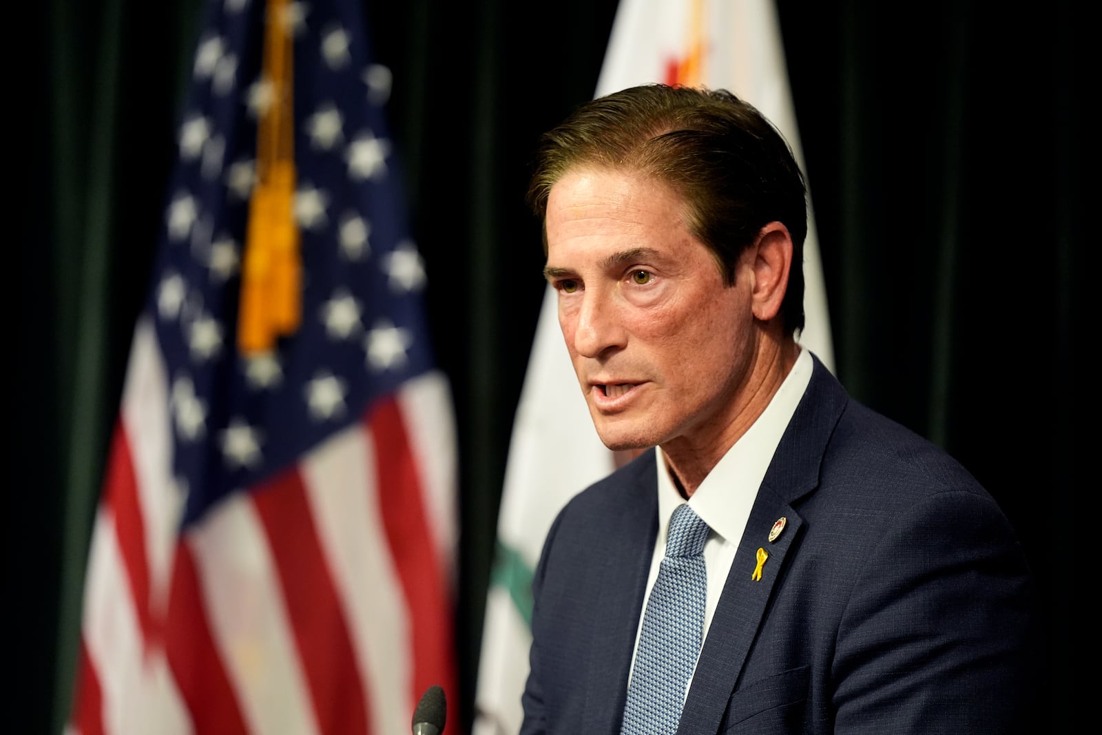 Los Angeles County District Attorney Nathan Hochman talks about the resentencing of Erik and Lyle Menendez for the murders of their parents decades ago during a news conference in downtown Los Angeles, Friday, Jan. 3, 2025. (AP Photo/Damian Dovarganes)