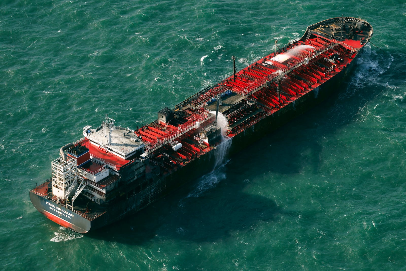 The damaged MV Stena Immaculate tanker at anchor off the Yorkshire coast in the North Sea, Tuesday, March 11, 2025 in England. (Dan Kitwood/Pool Photo via AP)