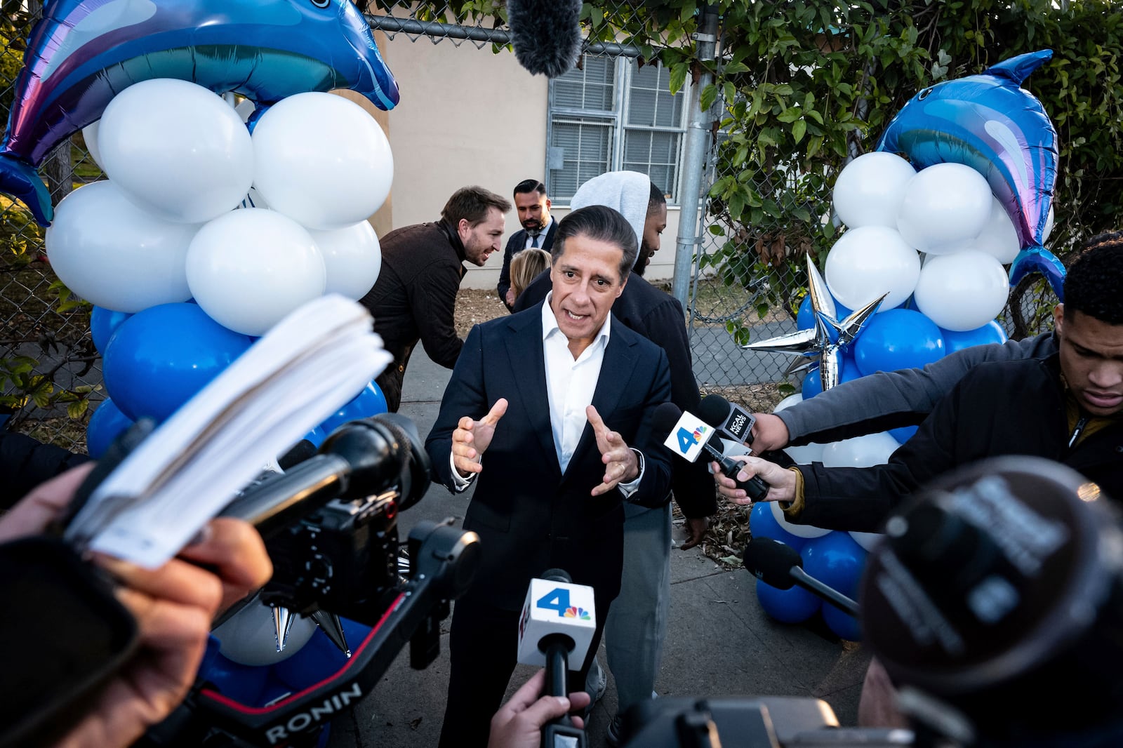 Superintendent of the Los Angeles Unified School District Alberto Carvalho speaks to the media at the first day back to school in a new location for children due to the wildfires from the Palisades Charter Elementary School which is now being held at the Brentwood Science Magnet in the Brentwood neighborhood of Los Angeles, Wednesday, Jan. 15, 2025. (David Crane/The Orange County Register via AP)