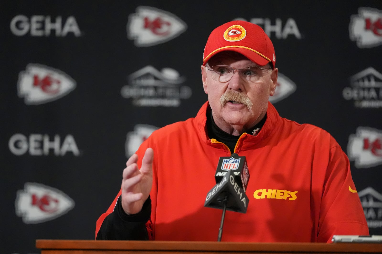 Kansas City Chiefs head coach Andy Reid speaks during a news conference following an NFL football game against the Houston Texans Saturday, Dec. 21, 2024, in Kansas City, Mo. The Chiefs won 27-19. (AP Photo/Charlie Riedel)